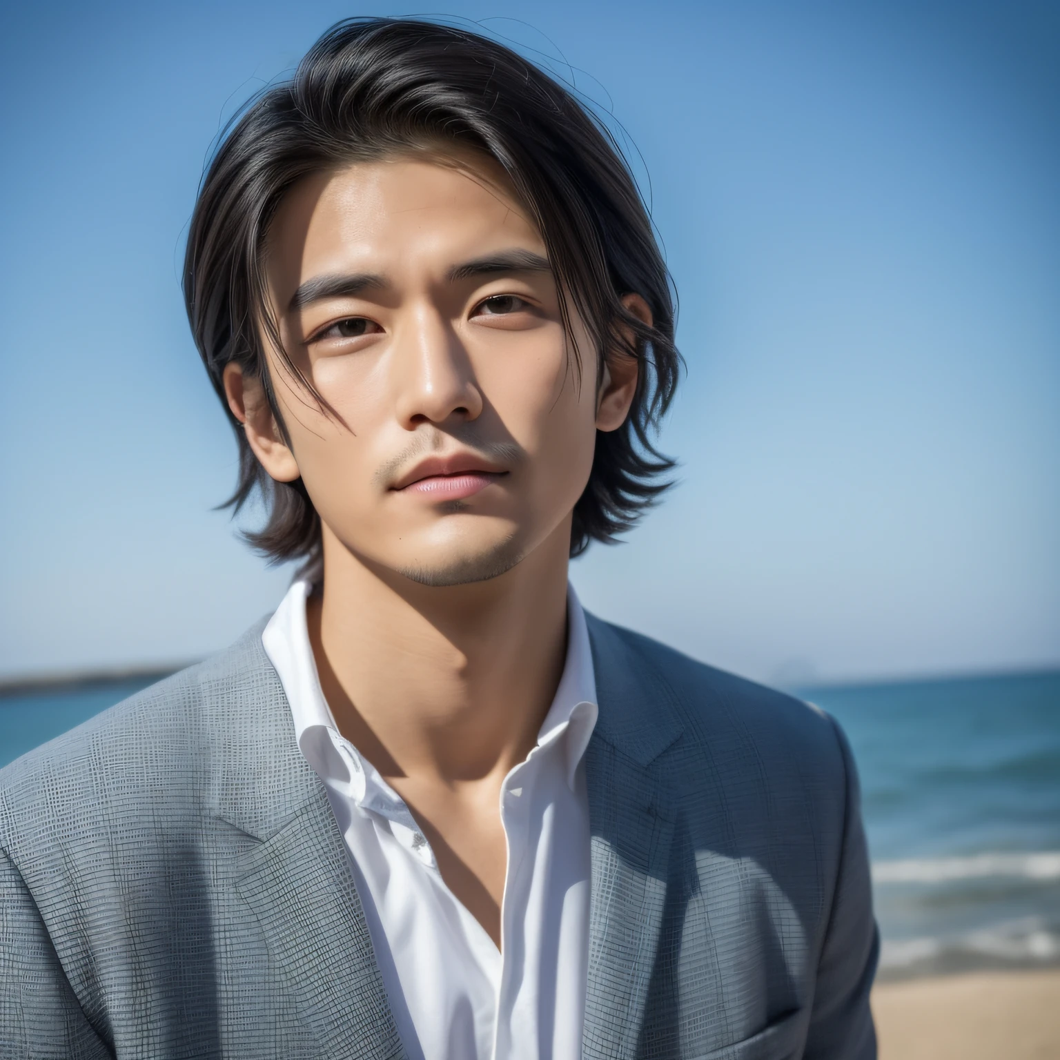 30 years old, A face like Kenji Sakaguchi、, Wild、, Tanned skin in a wheat color, top-quality, masterpiece, 超A high resolution, (realisitic: 1.4), Original photo, wall-paper, The skin, Black eyes, detaileds, selfy, 1 boys, a handsome, breezing, rays of sunshine, Duan、, a room、, Amazing handsome man、, Center Part、, short-haired、, Refreshing、, not too thick eyebrows、, orthodox christianity、, Cold Face、, sea the background of, bust chart