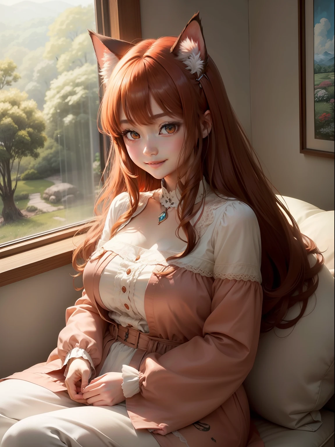 Delicate、(An ultra-high picture quality)、Anime feeling、2-dimensional、((Nature painting))、inside in room、sofa、1人の女性、Adults、Cat's ears、Curvaceous、Mathematical beauty、Warmth、((Dynamism))to、red eyes、red clothing、a smile、The long-haired