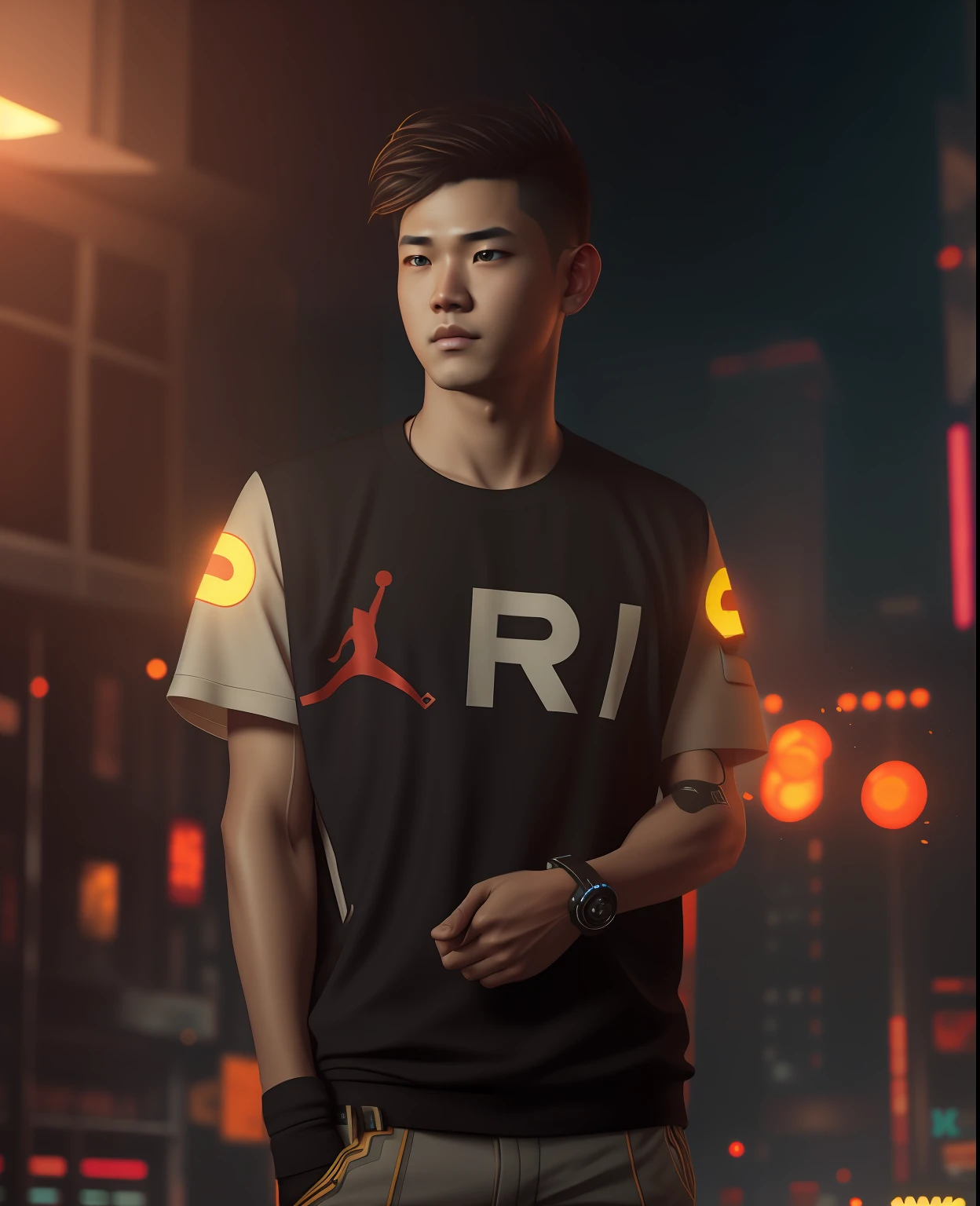Handsome boy Chang background with futuristic background (high details quality) 8k ultra (add realistic face) hd high details vibrance ( cyberpunk)look normal eyes
