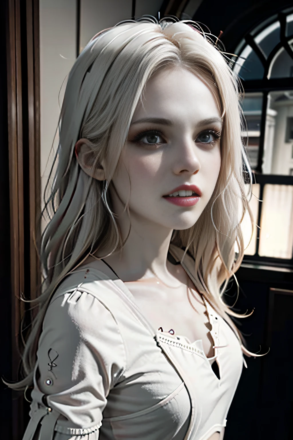 1 girl, (pale white skin:1.5), (dentes brancos:1.4), olhos grandes, (correr:1.2), medium hair shaggy white blonde, Victorian house with red full moon night and clean sky, Background Story, longo vermelho profundo e preto claro vestido longo, salto alto vermelho, Airbrush drawing, Add oil paint and dye acrylic paint, intricate surface details and textures, foto realista, Motor irreal, Film photography and lighting, obra de arte profissional, maravilhosamente, octan render, pintura detalhada, 2.5D, 16k, (sharpen:1.1), (desfoque de movimento:1.2), brilhar,bonita,voluptuosa,sensual