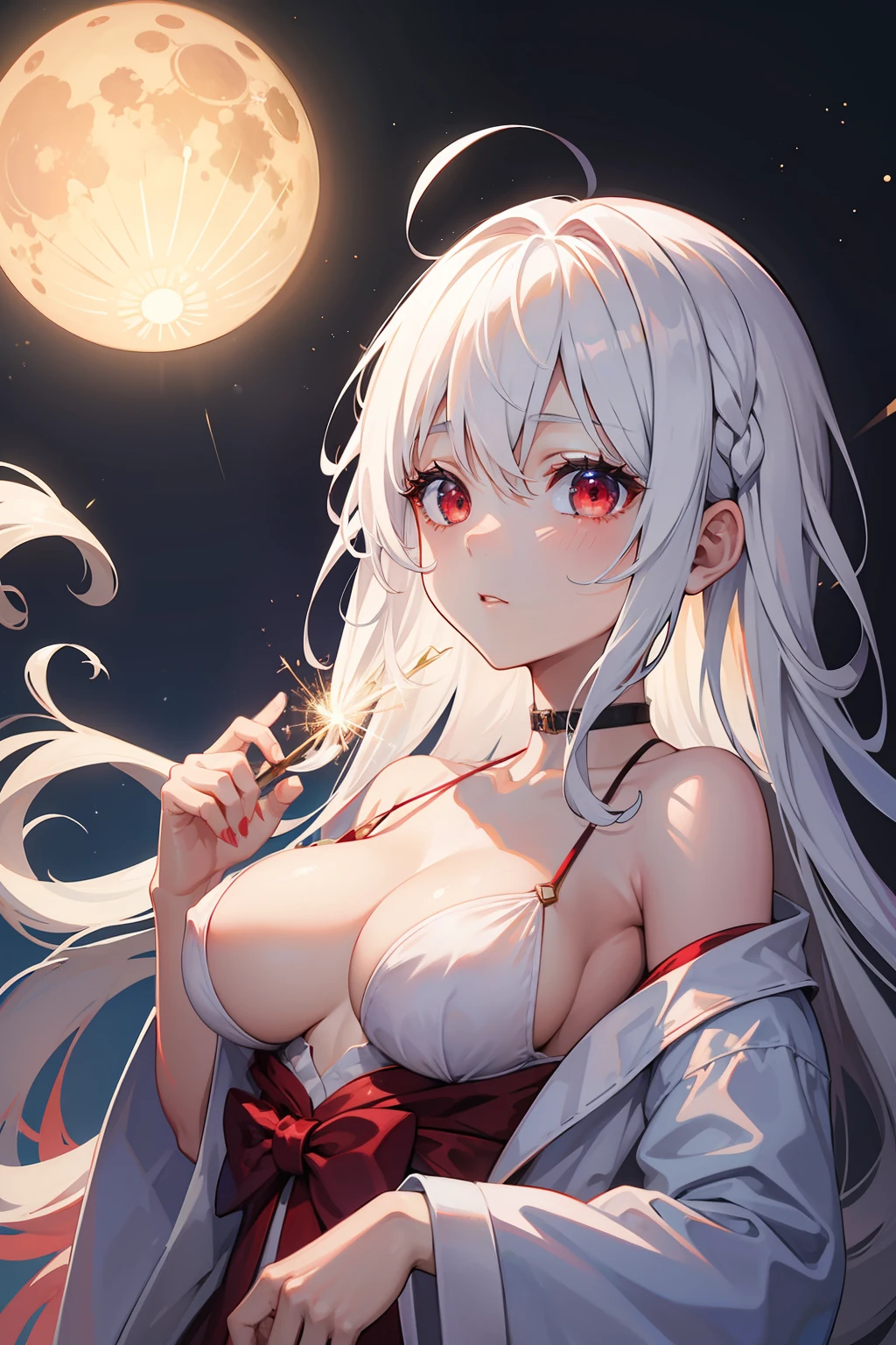 masterpiece、top-quality、fullmoon、stele、nigh sky、sparklers、girl with(bathrobe:1.2), white hair,Red Eyes,(heart:0.8), (candy:0.7),(middlebreasts:1.4), (Sad face:0.8)