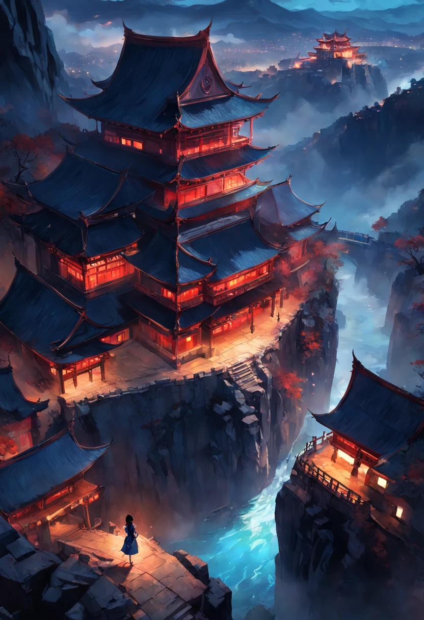 Best quality, Masterpiece, 超高分辨率, (photograph realistic:1.4), surrealism, Dream-like,fusionart, Shadowdancer, shadow magic,Red-eyed, Black-haired vampire,Dilapidated castle in the background,pov from above,4K, scenery, Mountain, No Man, Outdoors, sky, Night, architecture, east asian architecture, lantern, Cloud, tree, Building, house,rivers,Fluorescent butterfly, rim-light,Low moonshine,