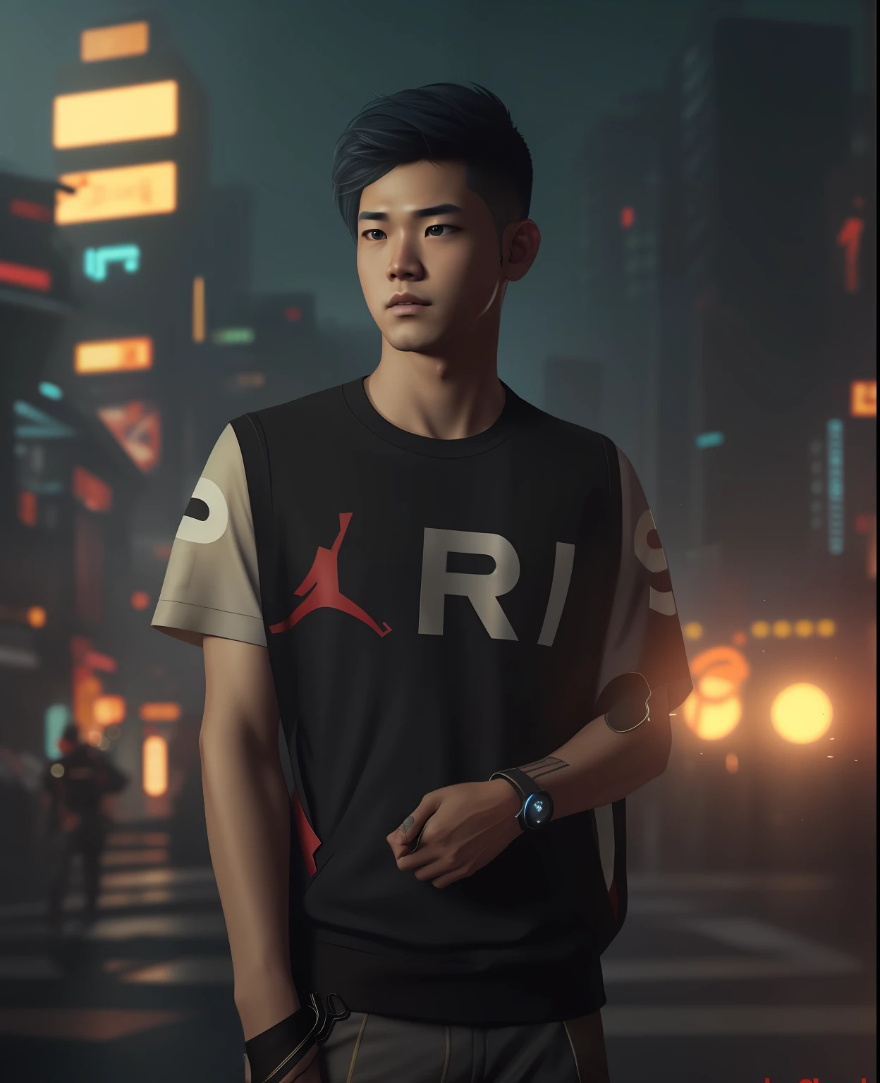 Handsome boy Chang background with futuristic background (high details quality) 8k ultra (add realistic face) hd high details  vibrance ( cyberpunk)look normal eyes