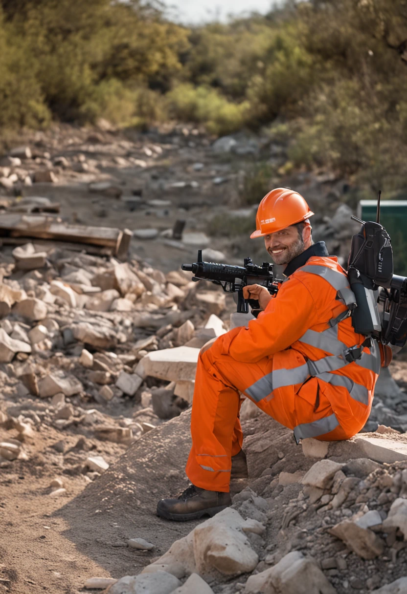 Homem de capacete e equipamento de trabalho posando para uma foto, vestindo camiseta preta, black pant, construction, bem como o faz-tudo, roupas de trabalho, roupas de trabalho, Mechanicalgirl, engenheiro, trabalho profissional, maintenance, tiro de comprimento de corpo inteiro, foto de marketing, profissional, muito profissional, imagem profissional, homem atraente