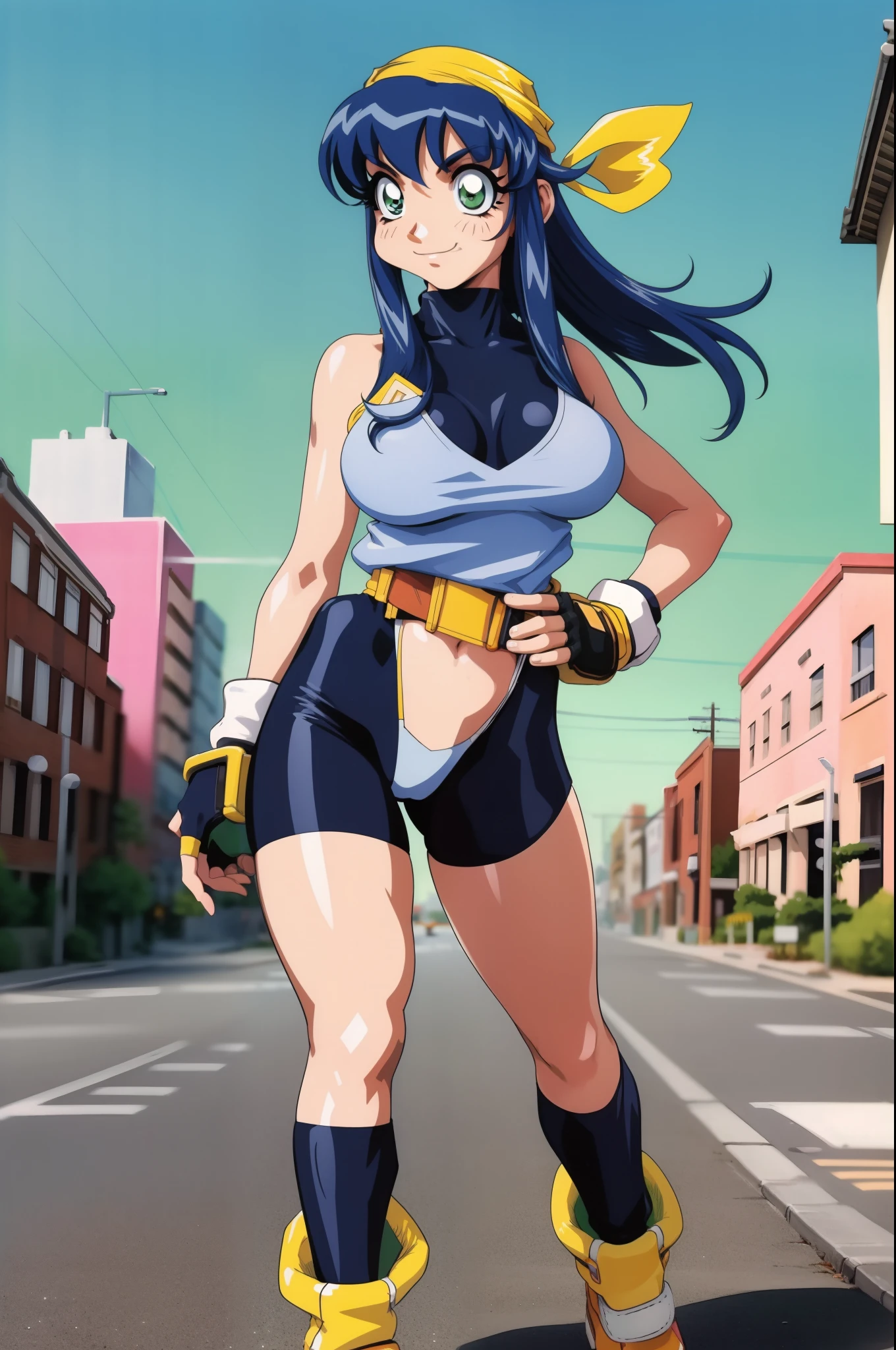 lime,spandex,green eyes,fingerless gloves,1990s (style),blue hair,retro artstyle,long hair,yellow bandana,bike shorts, full body, walking