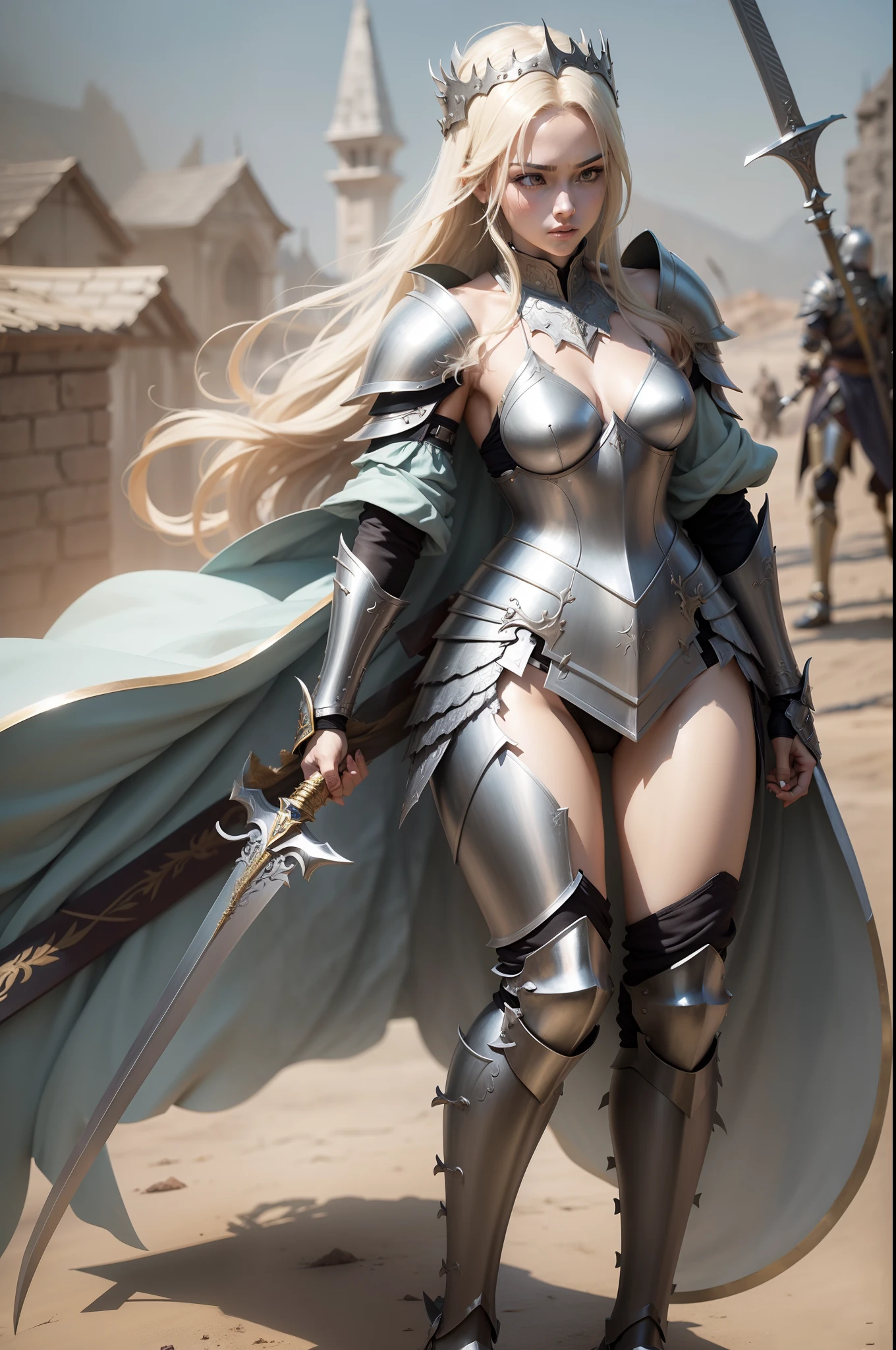 Female Character Two Swords Fantasy with Lots of Armor Queen Pose Action Most Serious Background Costume Real Two Swords