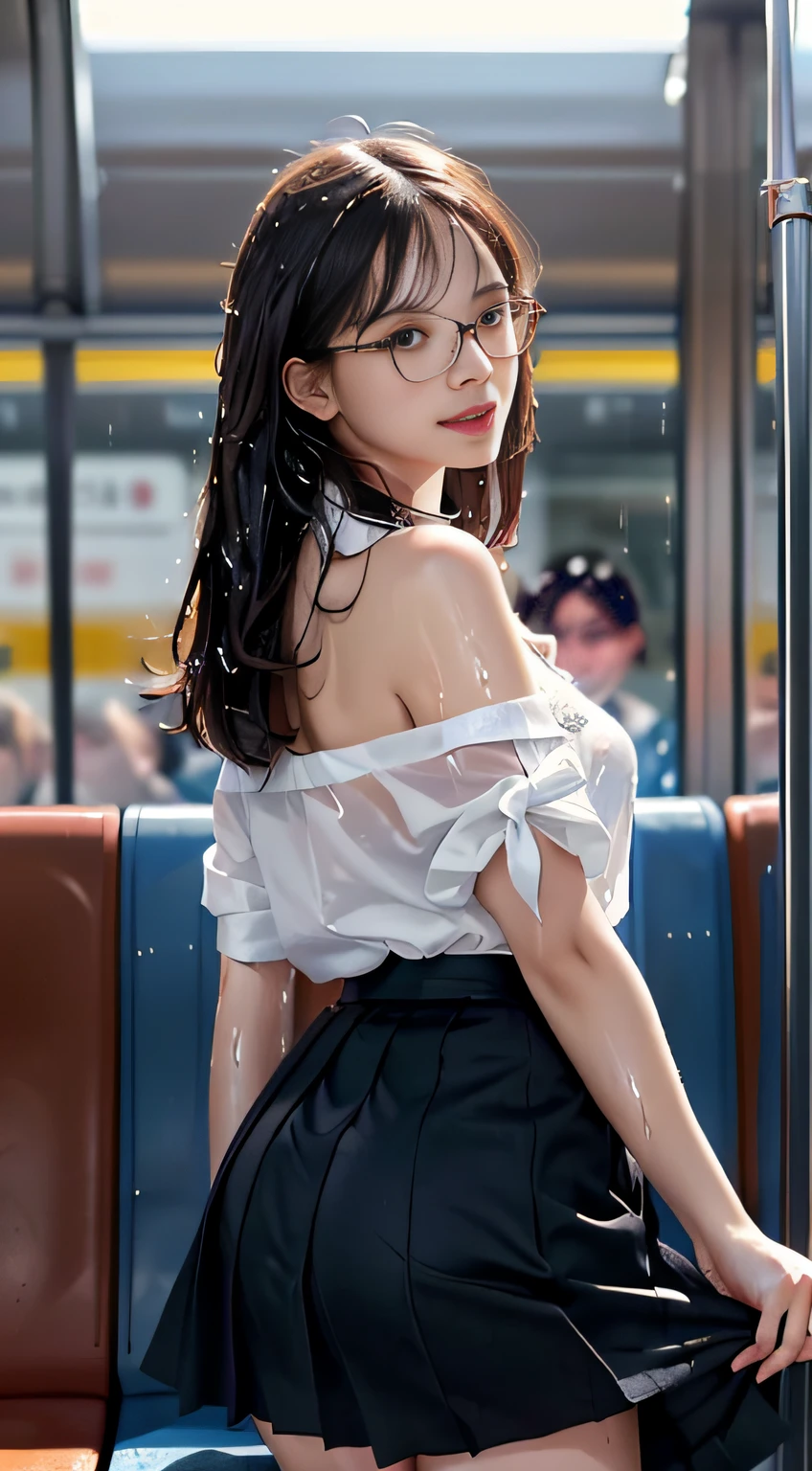 (((Super cute extreme exhibitionist girl on a crowded train)))..((Wearing bow tie and white swooping open shirt(off shoulders)): 1.5.)) 40k, Photography, masutepiece, Best Quality, dark grey background, ((1 Gorgeous bright-haired girl with beautiful eyes, She wears glasses on her beautiful face, )). White skin, (A hyper-realistic)、(illustratio)、(hight resolution)、(8K)、(ighly detailed)、(Best Illustration)、(beautifully detailed eyes)、(top-quality)、(ultra-detailliert)、(masterpiece)、(wall-paper)、(A detailed face)、独奏、1 girl in、looking at viewert、fine detailed、A detailed face、in the darkness nigth、deep-shadows、lowkey、pureerosfaceace_v1、A smile、long、Black shawl straight hair、46-point diagonal bangs, ((White lace dress、a miniskirt))(off shoulders)((Beautiful woman standing on the balcony of the castle))(((skirt by the, No panties))),Tration: 1.1), (Best Shadow: 1.1), tongue、Vaginal orchids、Runny Vaginal Discharge、Blowing tide、Very beautiful breasts、 (Slim legs)、(posterior view)((Reach behind your back))((stick out buttocks))(Realistic skin), Attractive, 超A high resolution, A hyper-realistic, Highly detailed, (yawning), (((exhibitionism))), ((she is soaking wet)).Lower body slender(A hyper-realistic)、