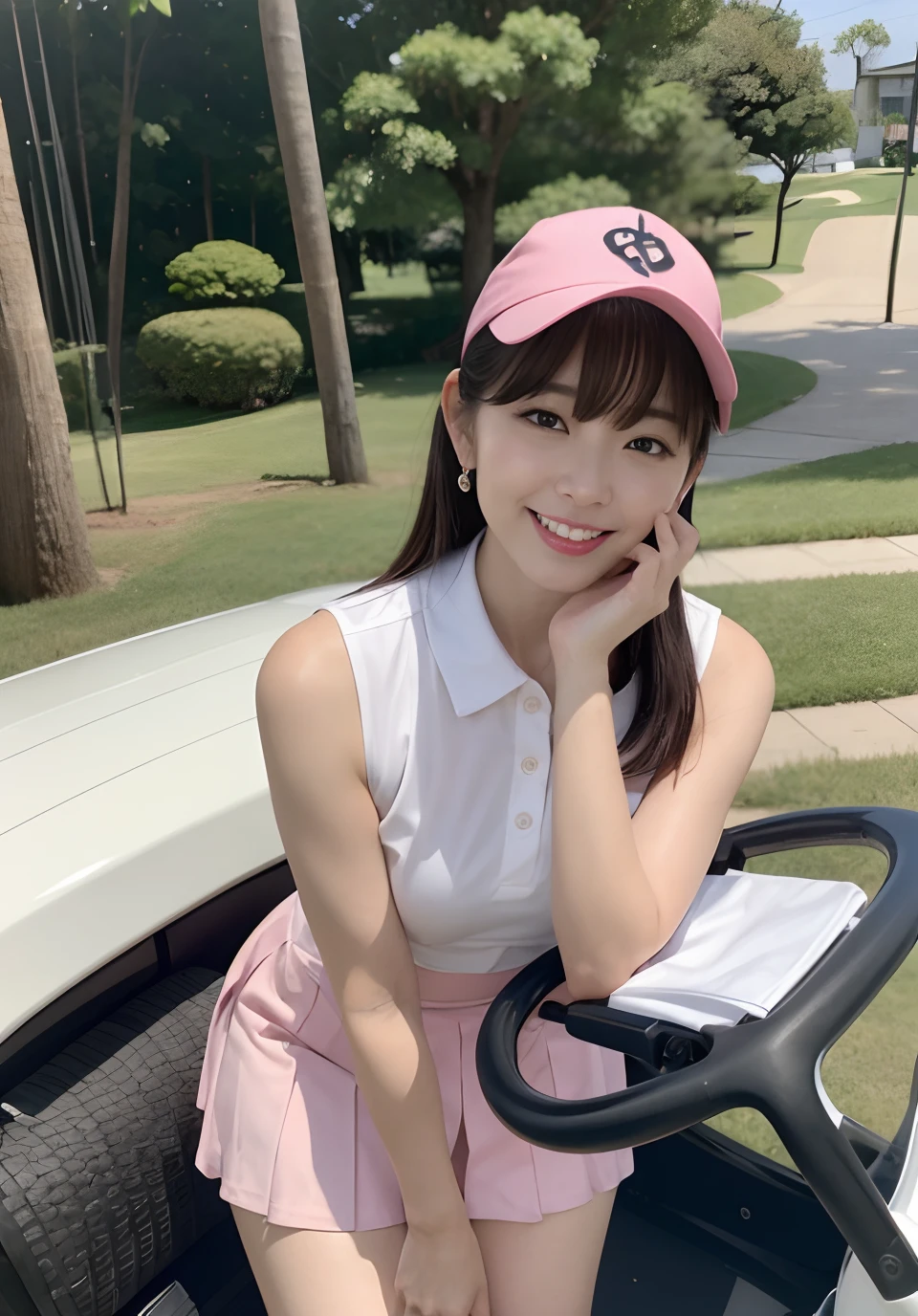 Peek at a 50-year-old Japan woman during a round of GOLF、bob cuts、1人の女性、Sexy pose in front of golf cart、Woman in sleeveless dress and super short miniskirt golf wear、Cute tight golf wear、Sun visor、(Pink and white golf wear)、Black eyes with makeup、big drooping eyes、smil、low angles