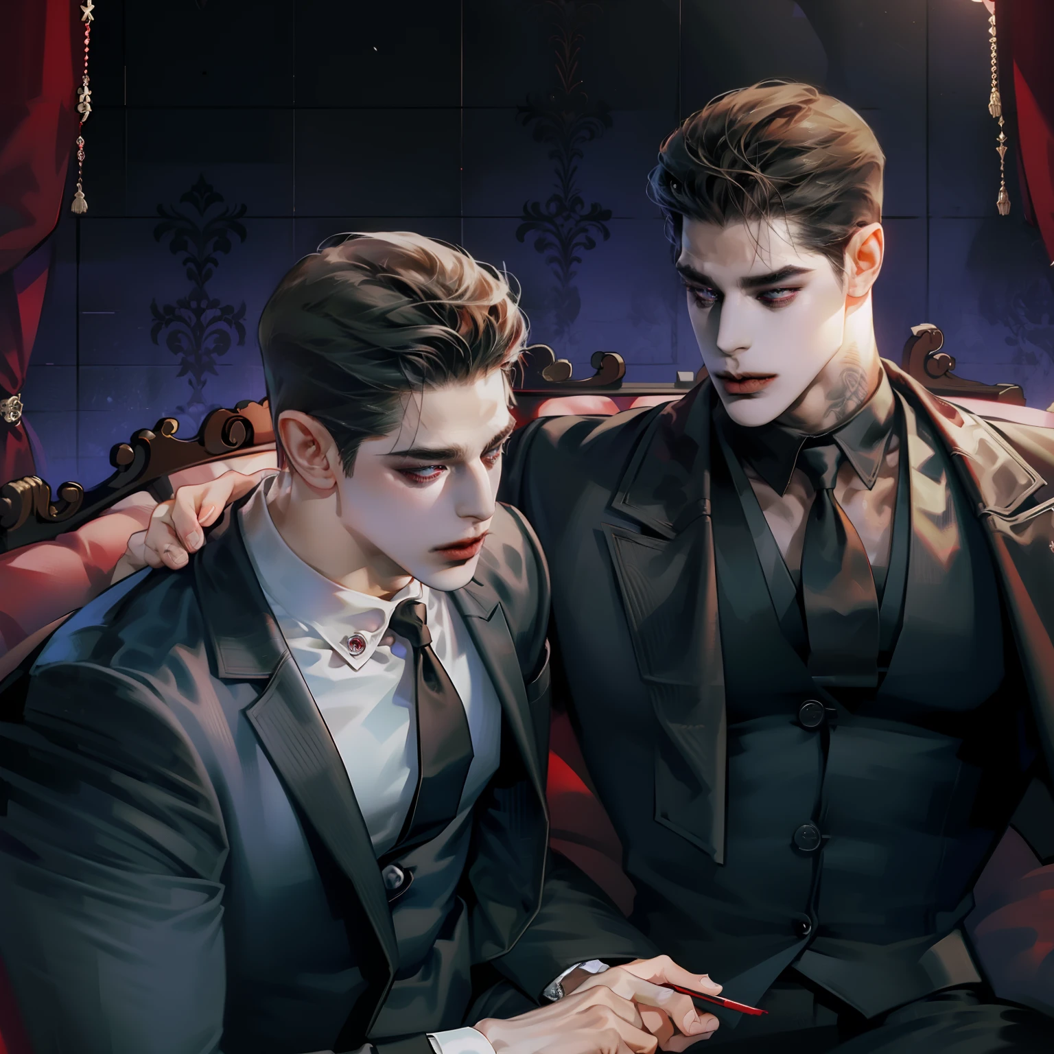 Mafia Noir Casino Gambling Bar Vampire dominant alpha gay couple macho sexy handsome demon adult men with tattoos big chest big abs slicked back hairstyle smoking red eyes charisma goth ((perfect face structure)) detailed stylized ((handsome male couple)) ((men kissing)) ((perfect eyes))