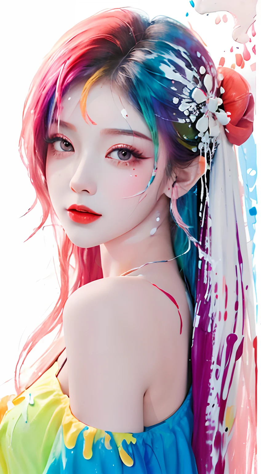 (Masterpiece, Best Quality, High Resolution), White Background, ((Paint Splash, Color Splash, Splash of Ink, Color Splash)),, Sweet Chinese Girl, Rainbow Hair, Peach Lips, Front, Upper Body