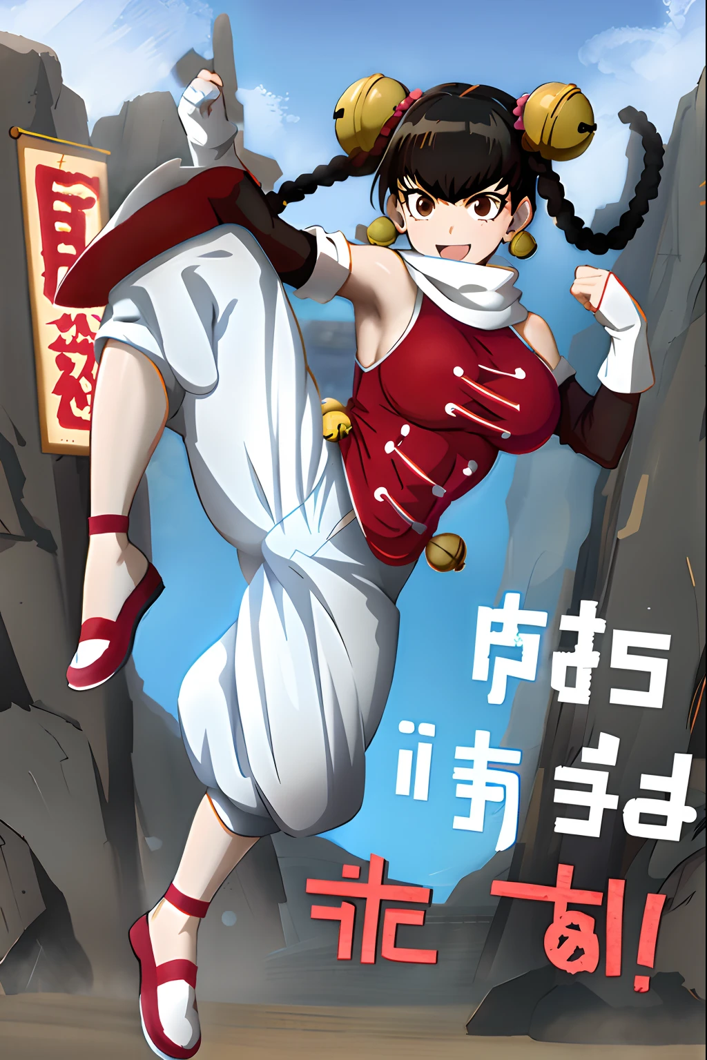 masterpiece, best quality, absurdres, 1girl, lin lin (one-punch man), medium breasts, brown eyes, solo, short hair, bangs, black hair, twin braids, bell, jingle bell, hair bell, hair ornament, gloves, dress, bare shoulders, jewelry, braid, earrings, detached sleeves, shoes, sleeveless, elbow gloves, pants, white gloves, fingerless gloves, white scarf, chinese clothes, red footwear, bridal gauntlets, hair rings, white pants, outdoors, fighting stance, village in beach, full body, walking, smile