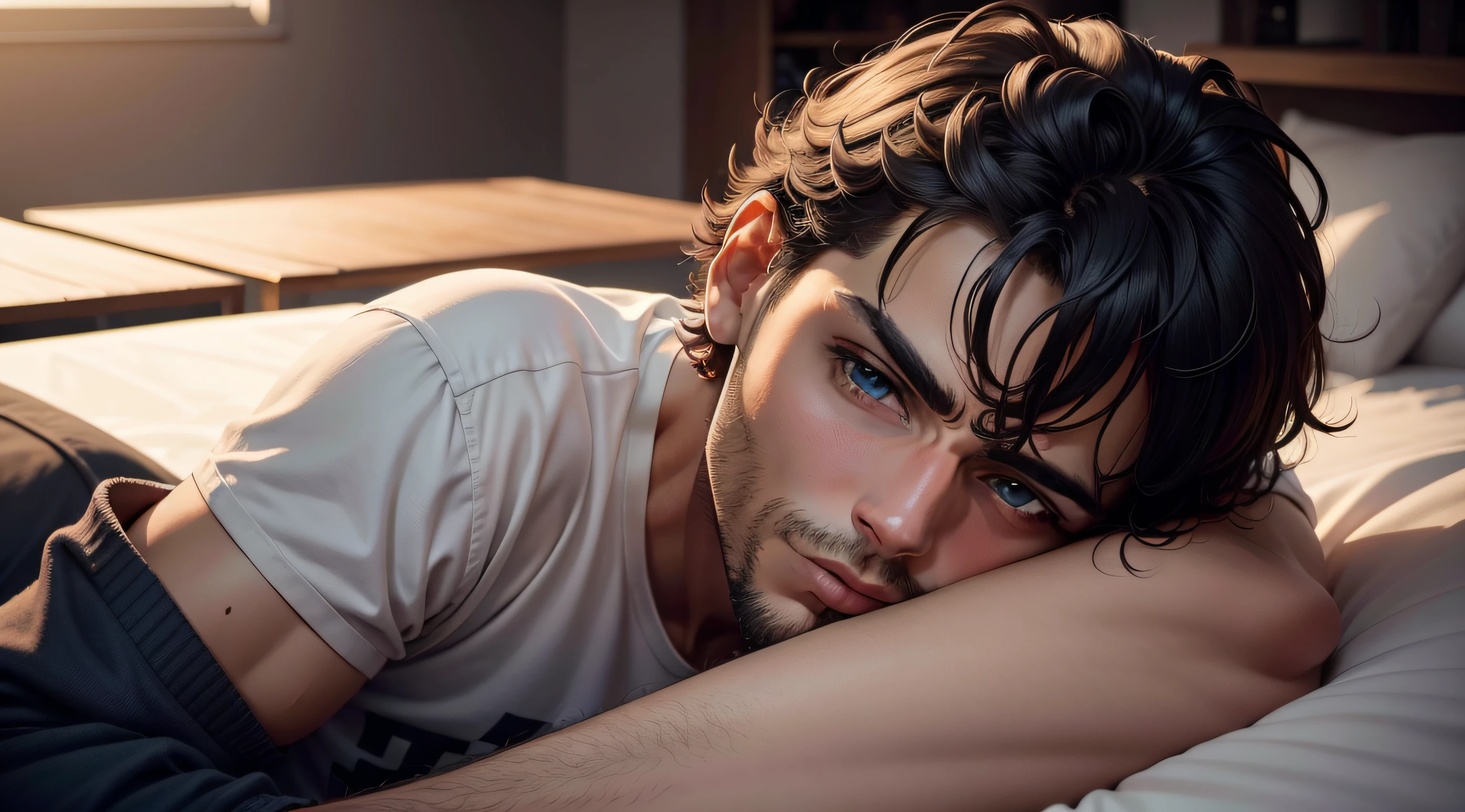 homem jovem acordando, 8k, Hiper realista, alta resolução, alto detalhe