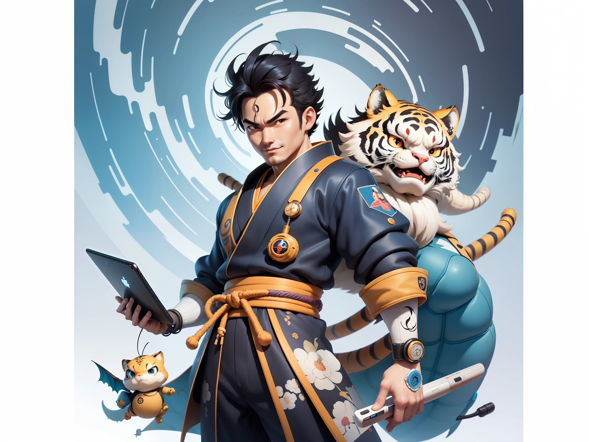 (Masterpiece), (Excellent), (Super Meticulous), (Full Body: 1.2), Super Young Man, Oriental Face, Japanese Kimono, Japanese Wind Thunder God, Dragon, Tiger, TV Anchor, Bust Portrait Illustration, Alone, Black Suit, Blue Tie, Slightly Chubby Face, Very Clean Face, No Beard, Black Super Short Hair, Black Eyes, Confident Smile, 3c Computer Sub-Products, iPad, iPhone, Digital Painting, 3D Character Design by Akira Toriyama and Mark Claireden and Pixar and Hayao Miyazaki, The illustration is a high-definition illustration in 4K resolution with very detailed facial features and cartoon-style visuals.