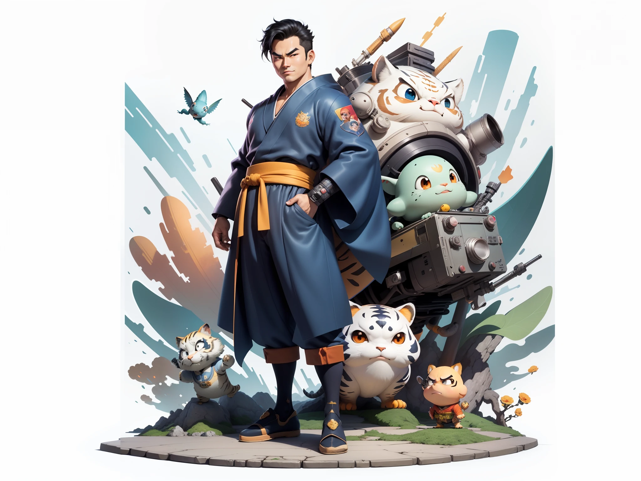 (Masterpiece), (Excellent), (Super Meticulous), (Full Body: 1.2), Super Young Man, Oriental Face, Japanese Kimono, Japanese Wind Thunder God, Dragon, Tiger, TV Anchor, Bust Portrait Illustration, Alone, Black Suit, Blue Tie, Slightly Chubby Face, Very Clean Face, No Beard, Black Super Short Hair, Black Eyes, Confident Smile, 3c Computer Sub-Products, iPad, iPhone, Digital Painting, 3D Character Design by Akira Toriyama and Mark Claireden and Pixar and Hayao Miyazaki, The illustration is a high-definition illustration in 4K resolution with very detailed facial features and cartoon-style visuals.