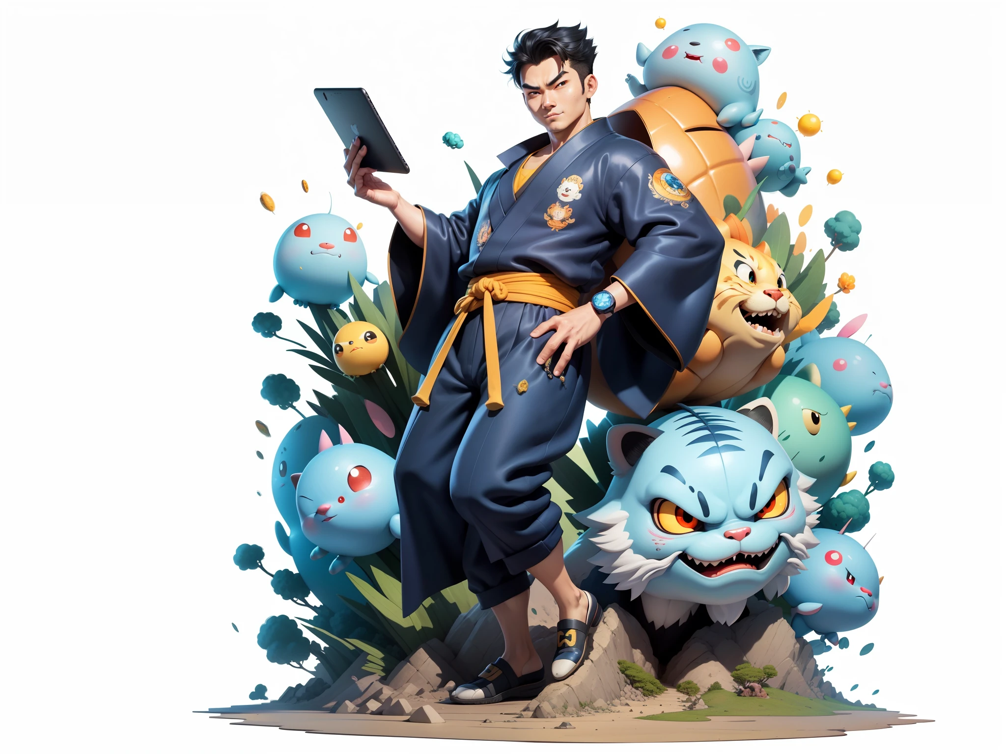 (Masterpiece), (Excellent), (Super Meticulous), (Full Body: 1.2), Super Young Man, Oriental Face, Japanese Kimono, Japanese Wind Thunder God, Dragon, Tiger, TV Anchor, Bust Portrait Illustration, Alone, Black Suit, Blue Tie, Slightly Chubby Face, Very Clean Face, No Beard, Black Super Short Hair, Black Eyes, Confident Smile, 3c Computer Sub-Products, iPad, iPhone, Digital Painting, 3D Character Design by Akira Toriyama and Mark Claireden and Pixar and Hayao Miyazaki, The illustration is a high-definition illustration in 4K resolution with very detailed facial features and cartoon-style visuals.