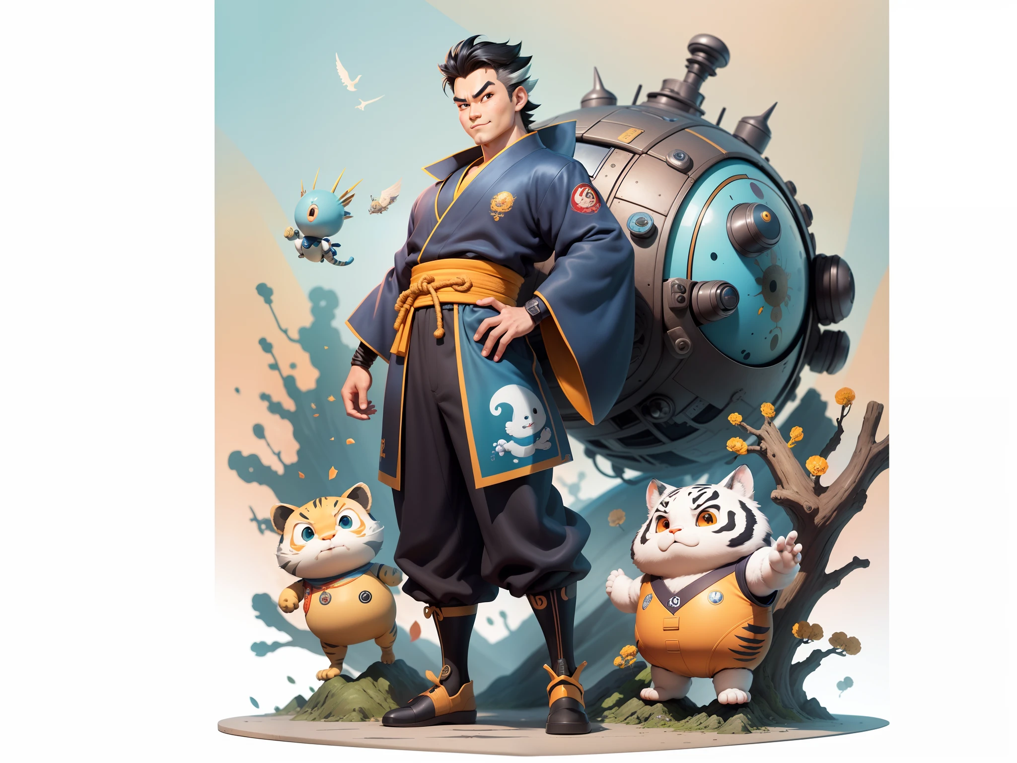 (Masterpiece), (Excellent), (Super Meticulous), (Full Body: 1.2), Super Young Man, Oriental Face, Japanese Kimono, Japanese Wind Thunder God, Dragon, Tiger, TV Anchor, Bust Portrait Illustration, Alone, Black Suit, Blue Tie, Slightly Chubby Face, Very Clean Face, No Beard, Black Super Short Hair, Black Eyes, Confident Smile, 3c Computer Sub-Products, iPad, iPhone, Digital Painting, 3D Character Design by Akira Toriyama and Mark Claireden and Pixar and Hayao Miyazaki, The illustration is a high-definition illustration in 4K resolution with very detailed facial features and cartoon-style visuals.