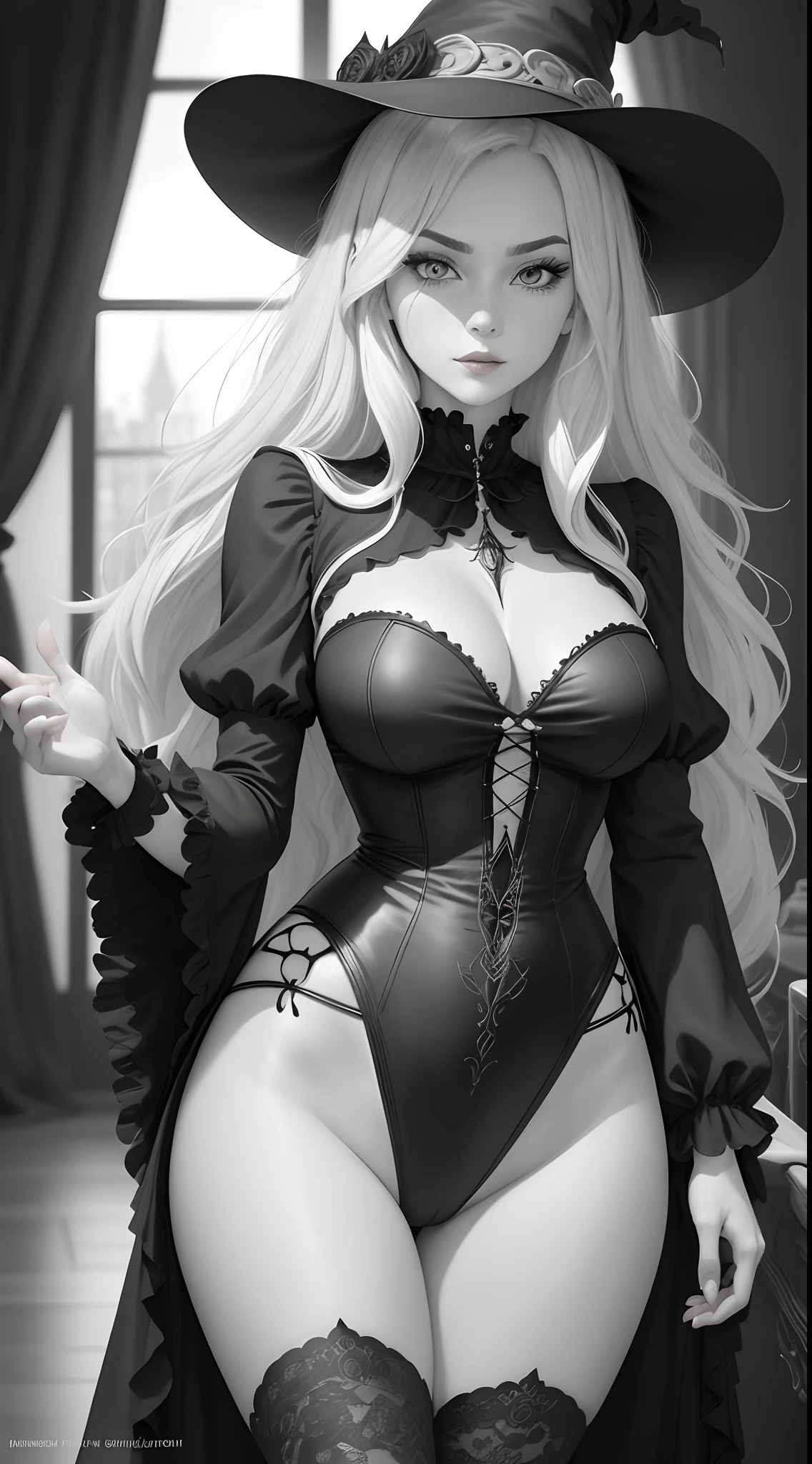 Coloring page, Black and white line art coloring page of a beautiful Witch halloween woman in the style of anime realism, wavy hair and perfect slim fit body, masterpiece digital art with gothic animecore influence, berry, vibrant, living room, highly detailed gothic style background, eye-catching composition, artgerm, milo manara, sharp focus, portrait, monochrome,