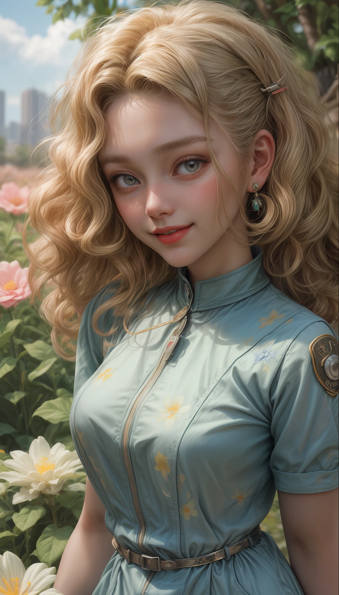 Portrait of an 18-year-old short curly blonde girl wearing 50's jumpsuit, sorrindo, suada com colar pulseira e brincos , 8K Ultra realista, em um jardim com diversas flores coloridas, ensolarada