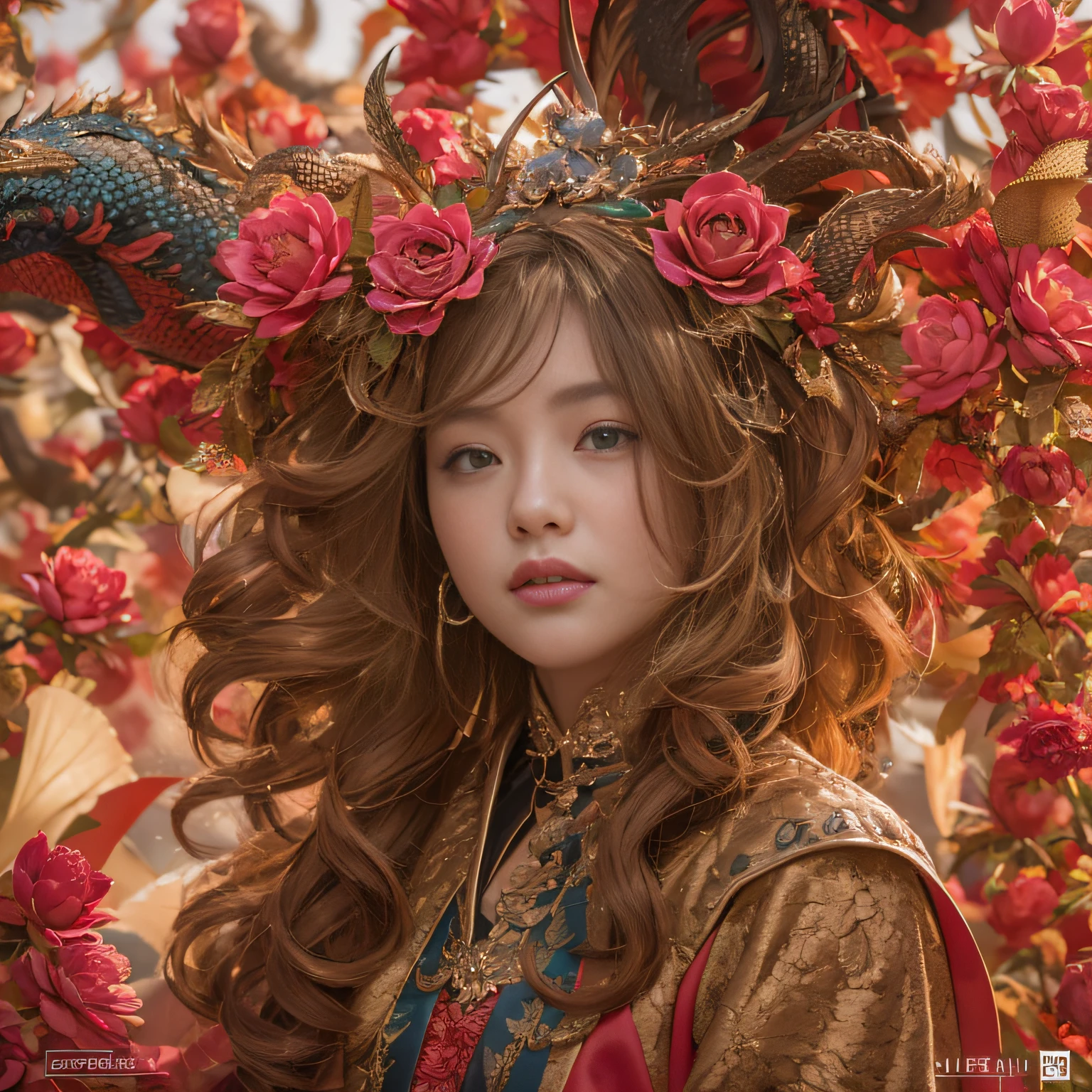 32K(tmasterpiece,k hd,hyper HD,32K)curlies,Flowing rouge,ponds,zydink, a color, Liaoning people (Silly girl), (Silk scarf), Combat posture, looking at the ground, Flowing rouge curls,Dragon pattern headdress, Chinese long-sleeved rose gold garment, (abstract ink splash:1.2), Pink lotus background,Water lily flower protector(realisticlying:1.4),Rouge hair,Autumn is in full swing,The background is pure, A high resolution, the detail, RAW photogr, Sharp Re, Nikon D850 Film Stock Photo by Jefferies Lee 4 Kodak Portra 400 Camera F1.6 shots, Rich colors, ultra-realistic vivid textures, Dramatic lighting, Unreal Engine Art Station Trend, cinestir 800,Large curls,Flowing rouge