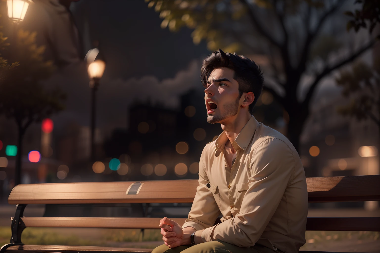Ultra-realistic 8k image of a slim 25-year-old man with short black hair, dressed in a beige button-down shirt and beige pants, yawning, sitting on a park bench on a cloudy night
