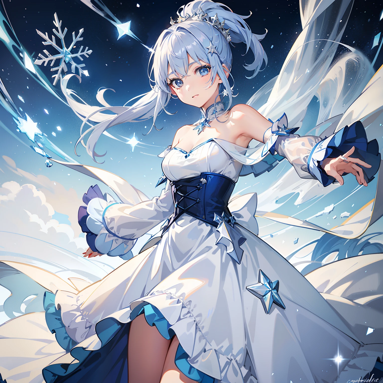 Anime girl in a white dress with a blue cape and a snowflake - SeaArt AI
