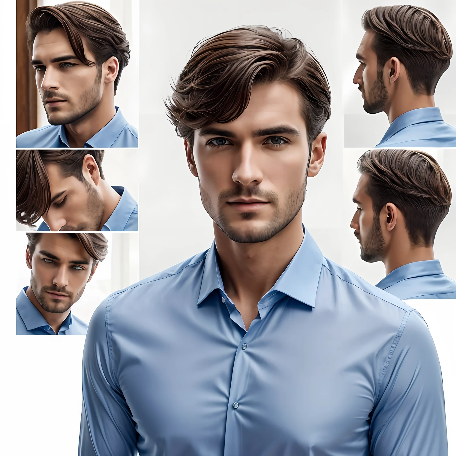 prise avec Nikon Z7, Handsom grand homme,40 I, aux cheveux courts bruns, Chemise bleue, divided into 6 different images,equal size:2. fond blanc, Prise de vue sous plusieurs angles