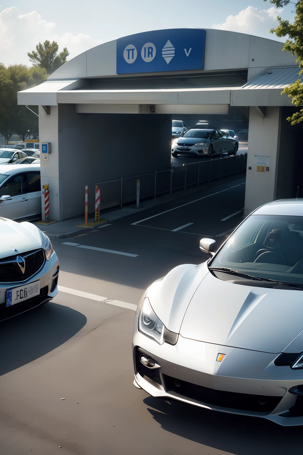 at the entrance to the parking lot, there are cars, toll-man, automatic barriers, modern toll booths