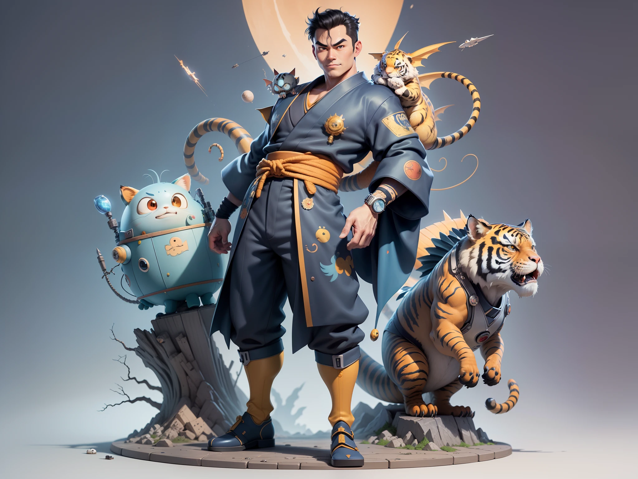 (Masterpiece), (Excellent), (Super Meticulous), (Full Body: 1.2), Super Young Man, Oriental Face, Japanese Kimono, Japanese Wind Thunder God, Dragon, Tiger, TV Anchor, Bust Portrait Illustration, Alone, Black Suit, Blue Tie, Slightly Chubby Face, Very Clean Face, No Beard, Black Super Short Hair, Black Eyes, Confident Smile, 3c Computer Sub-Products, iPad, iPhone, Digital Painting, 3D Character Design by Akira Toriyama and Mark Claireden and Pixar and Hayao Miyazaki, The illustration is a high-definition illustration in 4K resolution with very detailed facial features and cartoon-style visuals.