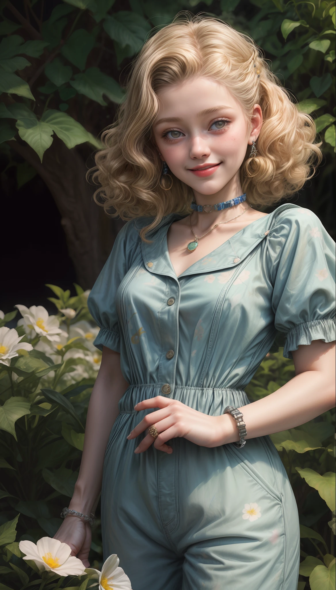 Portrait of an 18-year-old short curly blonde girl wearing 50's jumpsuit, sorrindo, suada com colar pulseira e brincos , 8K Ultra realista, em um jardim com diversas flores coloridas, ensolarada