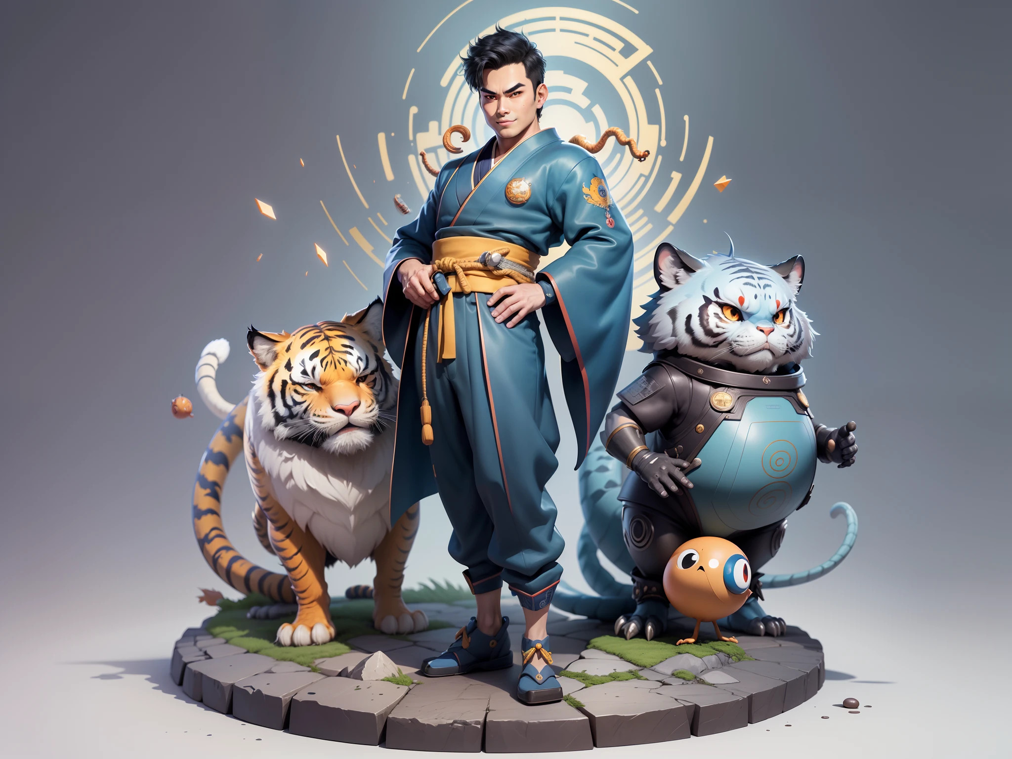 (Masterpiece), (Excellent), (Super Meticulous), (Full Body: 1.2), Super Young Man, Oriental Face, Japanese Kimono, Japanese Wind Thunder God, Dragon, Tiger, TV Anchor, Bust Portrait Illustration, Alone, Black Suit, Blue Tie, Slightly Chubby Face, Very Clean Face, No Beard, Black Super Short Hair, Black Eyes, Confident Smile, 3c Computer Sub-Products, iPad, iPhone, Digital Painting, 3D Character Design by Akira Toriyama and Mark Claireden and Pixar and Hayao Miyazaki, The illustration is a high-definition illustration in 4K resolution with very detailed facial features and cartoon-style visuals.