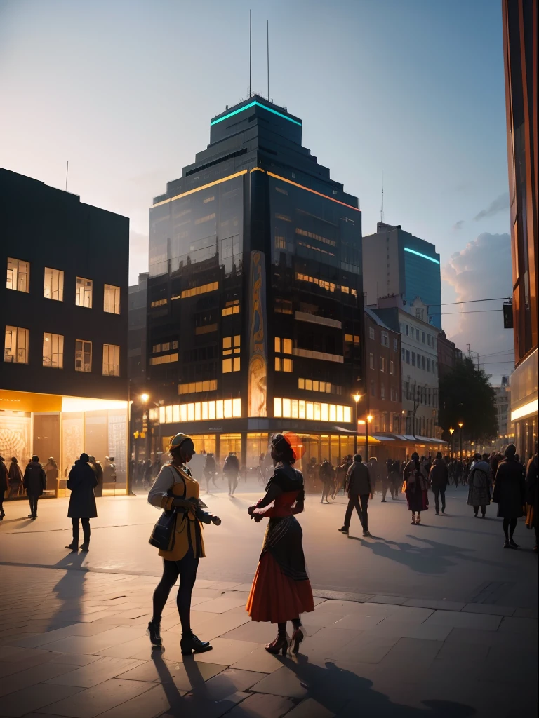 In the heart of the square, a massive sculpture composed of Dutch wax fabric wraps around a contemporary glass-and-steel monument. The fabric drapes and swirls, forming a dynamic figure that embodies both strength and fluidity. Its pattern tells a story of heritage and adaptation, weaving together threads of history and innovation.
A group of diverse individuals gather around, their attire reflecting a fusion of cultures. Some wear traditional African garments adorned with Dutch wax fabric, while others sport contemporary fashion influenced by these vibrant patterns. They engage in animated conversations, celebrating their shared heritage and the modern city they call home.
The square's atmosphere is alive with energy, accentuated by the play of light and shadow on the sculptures. The setting sun casts a warm glow over the scene, igniting the colors of the Dutch wax fabric with a radiant intensity. As day transitions to night, the square's illumination shifts, revealing a captivating interplay of lights that dance across the sculptures, mimicking the vibrant energy of the city itself.
This scene encapsulates Yinka Shonibare's artistic vision, inviting viewers to contemplate the complexities of cultural intersections, the passage of time, and the ever-evolving tapestry of human experience.