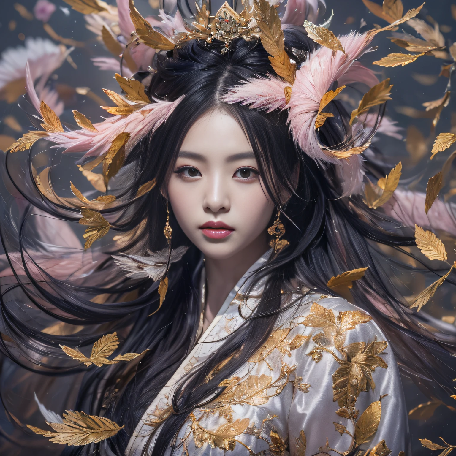 32K(tmasterpiece,k hd,hyper HD,32K)Long flowing black hair,ponds,zydink, a color, Asian people (Silly girl), (Silk scarf), Combat posture, looking at the ground, long whitr hair, Floating hair, Carp pattern headdress, Chinese long-sleeved clothing, (abstract ink splash:1.2), Pink petal background,Pink and white lotus flowers fly(realisticlying:1.4),Black color hair,Fallen leaves flutter,The background is pure, A high resolution, the detail, RAW photogr, Sharp Re, Nikon D850 Film Stock Photo by Jefferies Lee 4 Kodak Portra 400 Camera F1.6 shots, Rich colors, ultra-realistic vivid textures, Dramatic lighting, Unreal Engine Art Station Trend, cinestir 800,Long flowing black hair