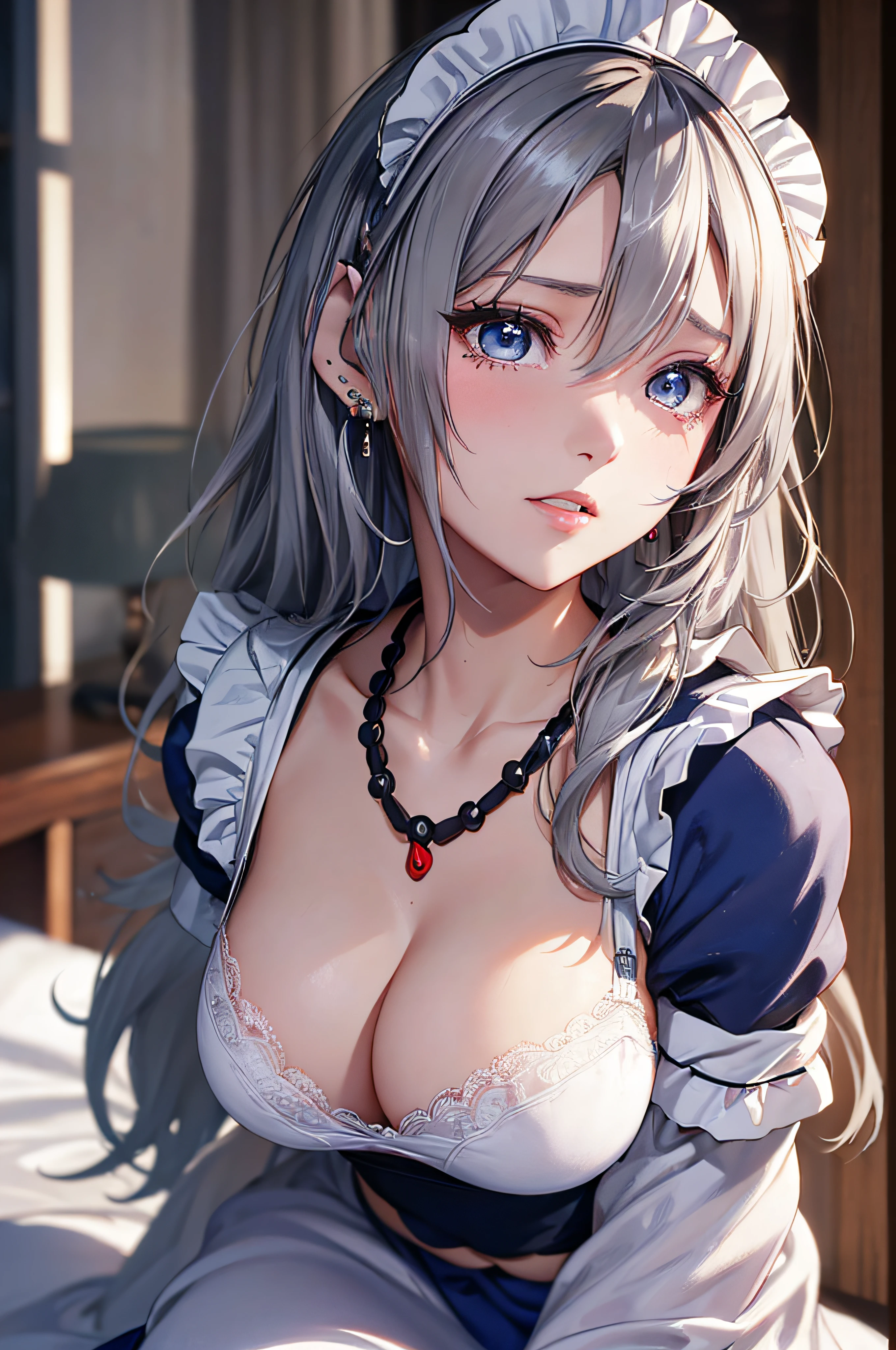 (masutepiece: 1.3), (max resolution: 1.2), (Ultra HDTV: 1.2), cinematric light, 8K resolution,
Detailed eyes and skin, detailed facial features, , (Sharp Focus: 1.2）, (Focus on Face:1.2),Perfect Style, Beautiful face, acurate, Anatomically correct, Highly detailed face and skin texture, Detailed eyes, Double eyelids, Thin eyebrows, Glitter Eyeliner: 1 Natural cheeks, Glossy skin, Fair skin: 1.2, (Glossy lips: 1.4),、 (Shy look: 1.2),Highly detailed facial and skin texture, Detailed eyes, Double eyelids, Natural cheeks, , shiny lips: 1.4,Exposed cleavage、（A large amount of sperm in the chest:1.4）（Large amount of sperm in the thighs:1.2）、
red blush、humiliated、impatience、dismay、Frightened、glares、Tears、embarrassed from、Open knees、open one's legs、Masturbation behavior、masturbation、rubbing the genitals with fingers,,,,,,、
White underwear、White bra、Shiny little earrings and necklaces、、Disheveled clothes、Dressing、Exposed panties、Wearing sweat、sodden、Sheer underwear、
25 years old, femele 、Wavy Hair、 Semi-long hair, Big, upturned breasts, Sitting in bed, Bedroom,Silver-white hair、blue eyes、(maid clothes:1.6)、