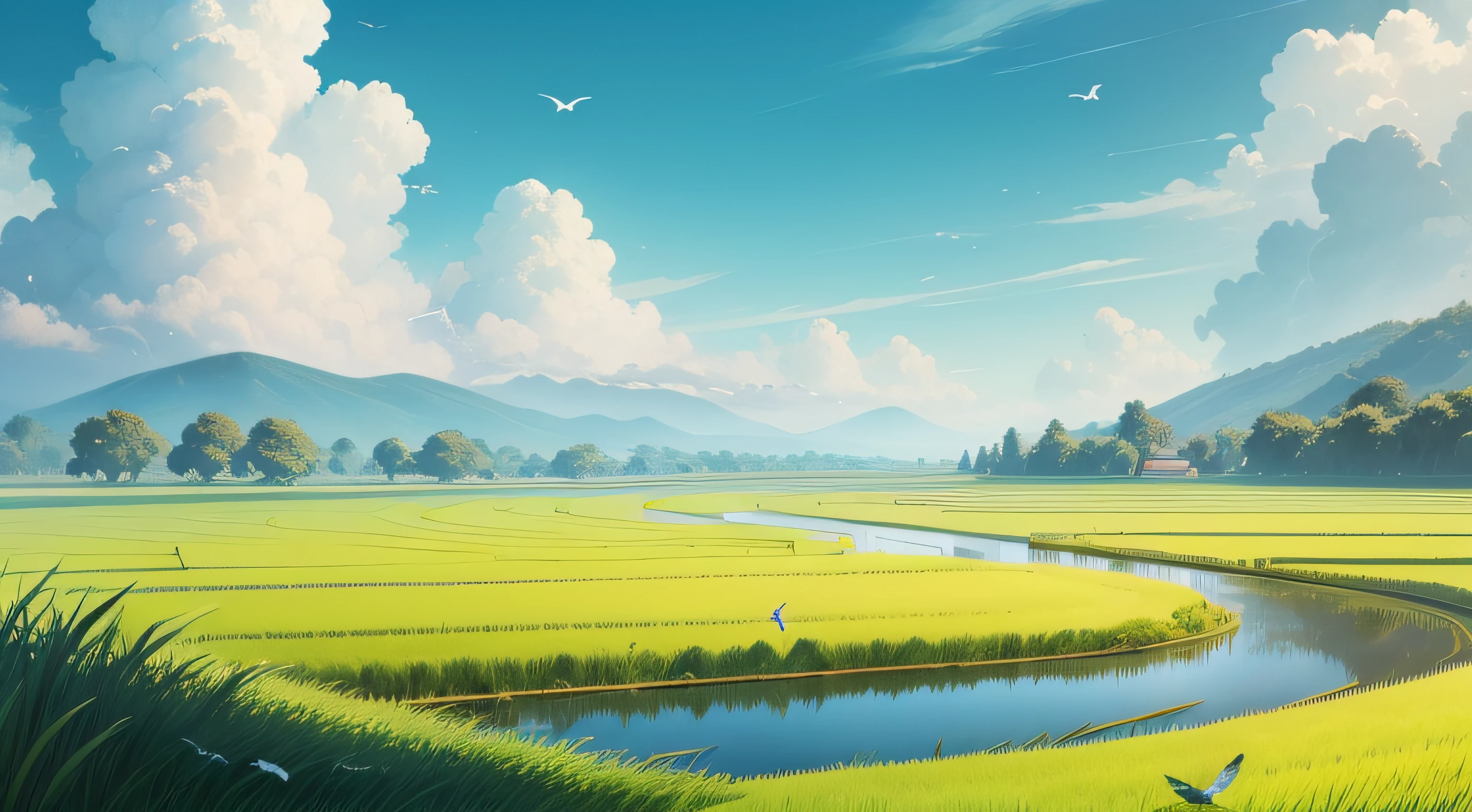 a ripe rice field, a few flying birds, blue sky clouds, sunny green field, green lawn, green dike, strong flowing water, cartoon style, drawing style, wacom\