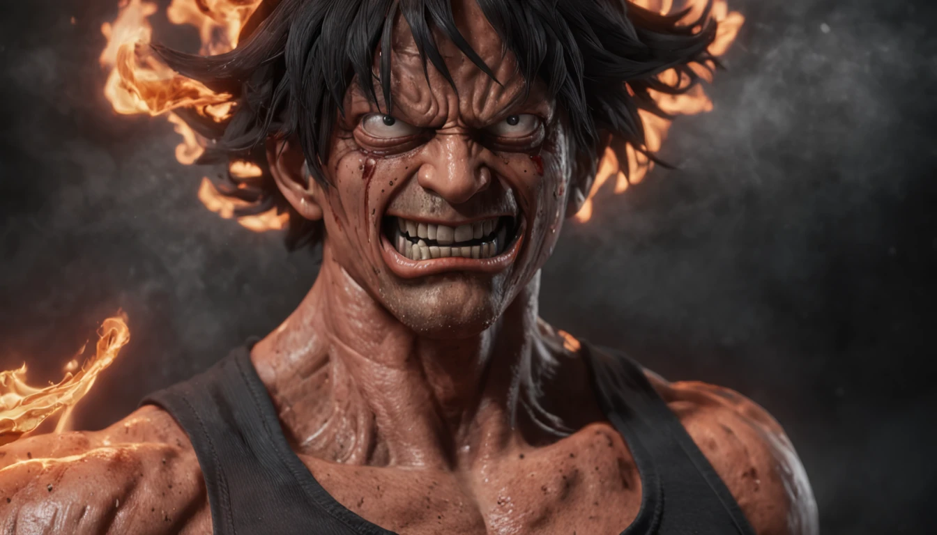 Design a gripping poster featuring Luffy from "One Piece" in a fit of rage. Capture the essence of his burning determination and unyielding spirit as he unleashes his wrath upon his enemies. Keep it short, bold, and intense to convey the raw power of Luffy's anger., Hypnotic, Androgynous, Gadgetpunk, face shot, Cinema4D rendering, Depth of field, Tapestry, black colors, Classical Realism, glow in the dark lighting, Hyper realistic, dramatic shadows, film noir style, 4k