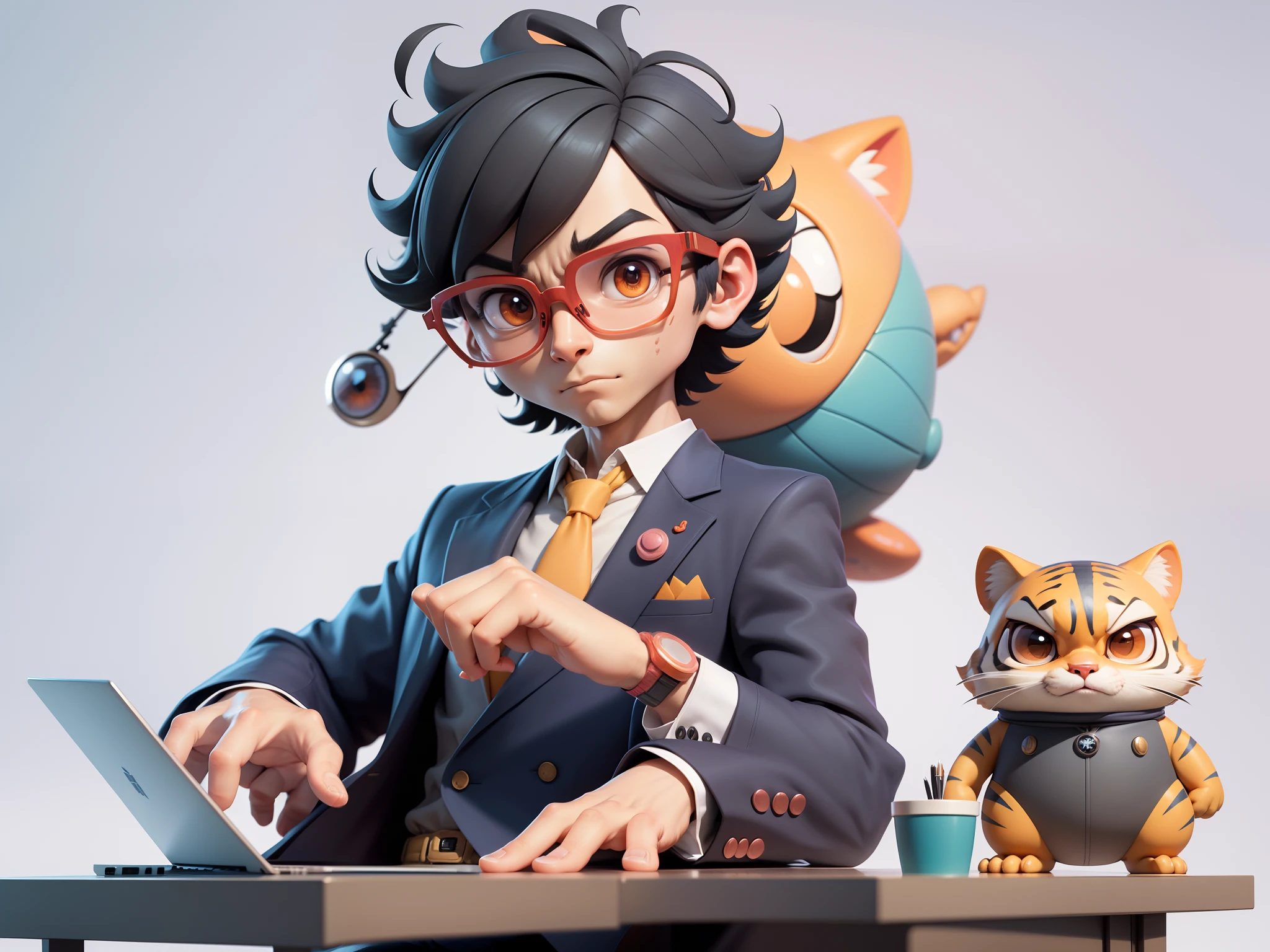 A young man in a suit, Short hair and glasses sat at his desk,holding laptop,digitial painting,tigre,3D character design by Mark Clairen and Pixar and Hayao Miyazaki and Akira Toriyama,4K HD illustration,Very detailed facial features and cartoon-style visuals。