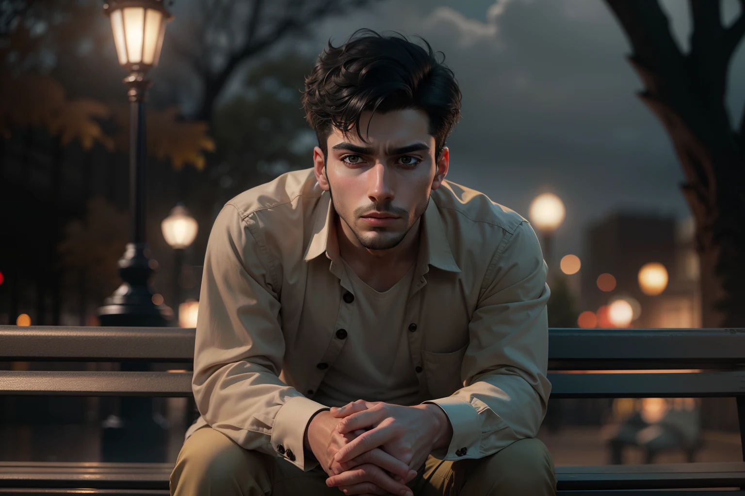 Ultra-realistic 8k image of a slim 25-year-old man, short black hair, dressed in a beige button-down blouse and beige pants, expression of terror, sitting on a park bench on a cloudy night
