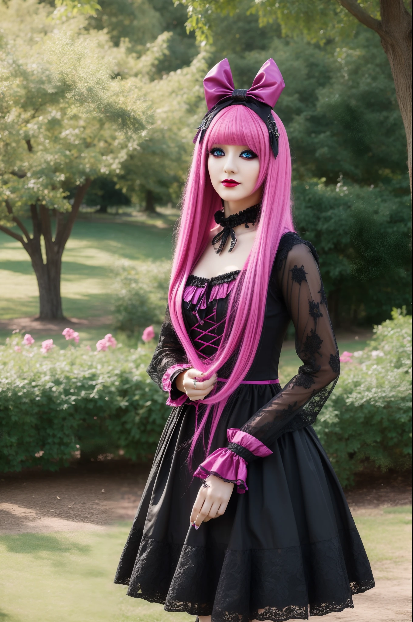 In a beautiful park a fashionable looking woman. She is wearing a very colorful and eye-catching gothic kawaii style, with a fancy make-up and a colorful wig.