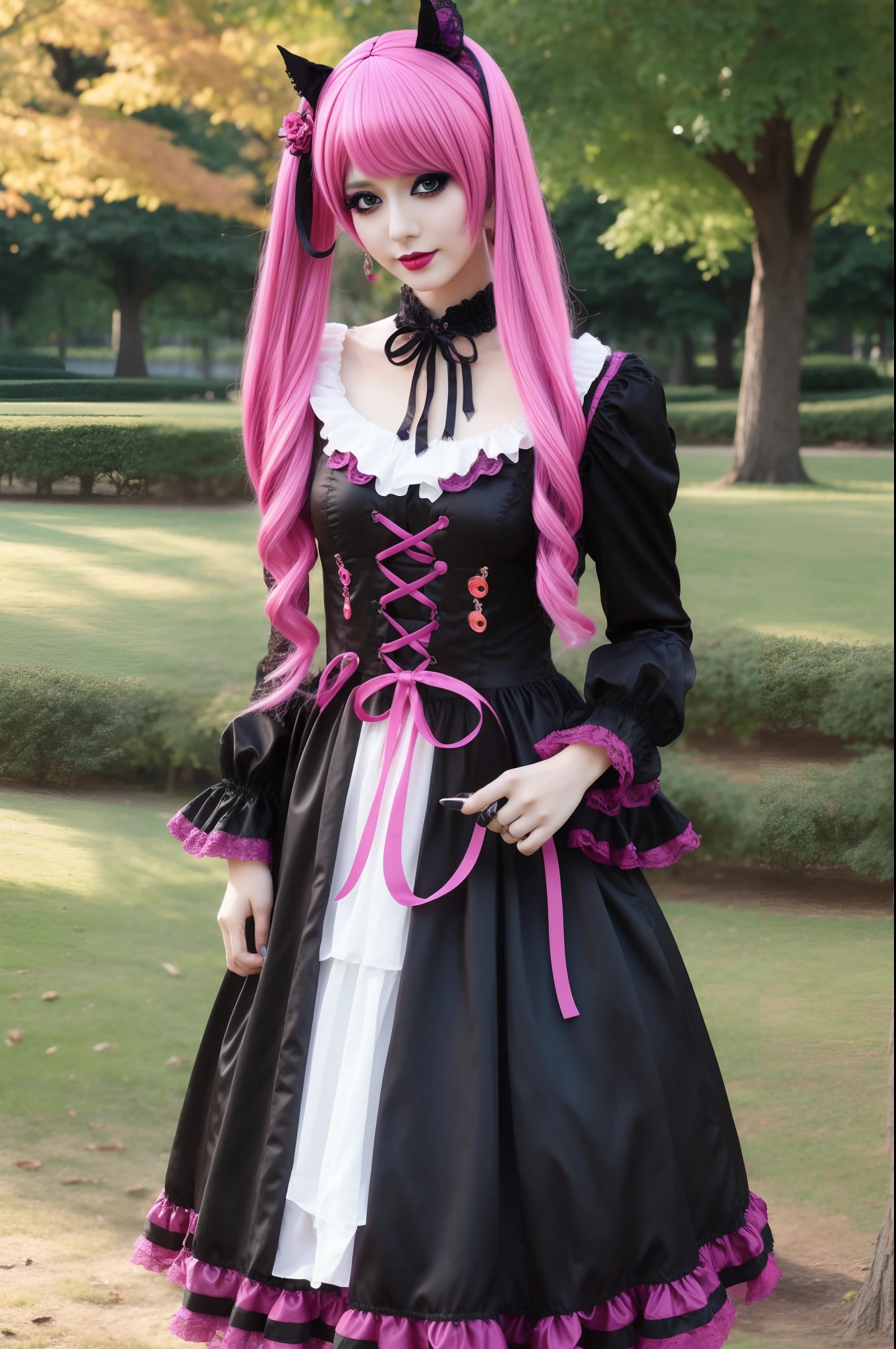 In a beautiful park a fashionable looking woman. She is wearing a very colorful and eye-catching gothic kawaii style, with a fancy make-up and a colorful wig.