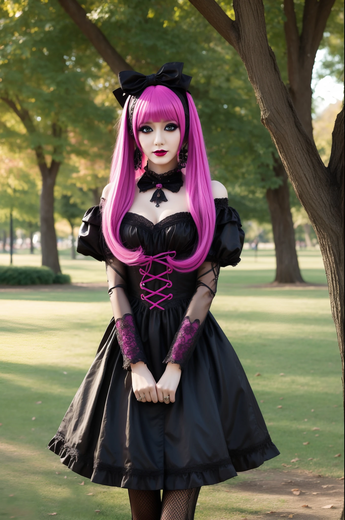 In a beautiful park a fashionable looking woman. She is wearing a very colorful and eye-catching gothic kawaii style, with a fancy make-up and a colorful wig.