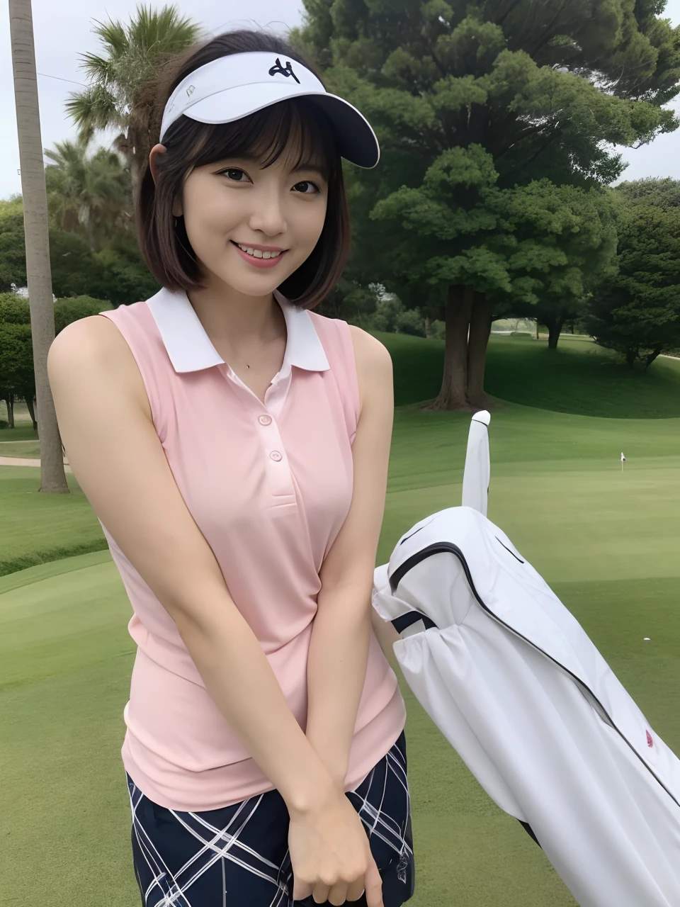 30 year old Japan woman posing sexy during round of golf、(Right hand wearing golf gloves:1.5)、bob cuts、(1人の女性:1.2)、sexy pose、Golf clubs in hand1Holding a book、Woman in sleeveless dress and super short miniskirt golf wear、Cute tight golf wear、Sun visor、(Tight golf wear with white blue design)、Black eyes with makeup、big drooping eyes