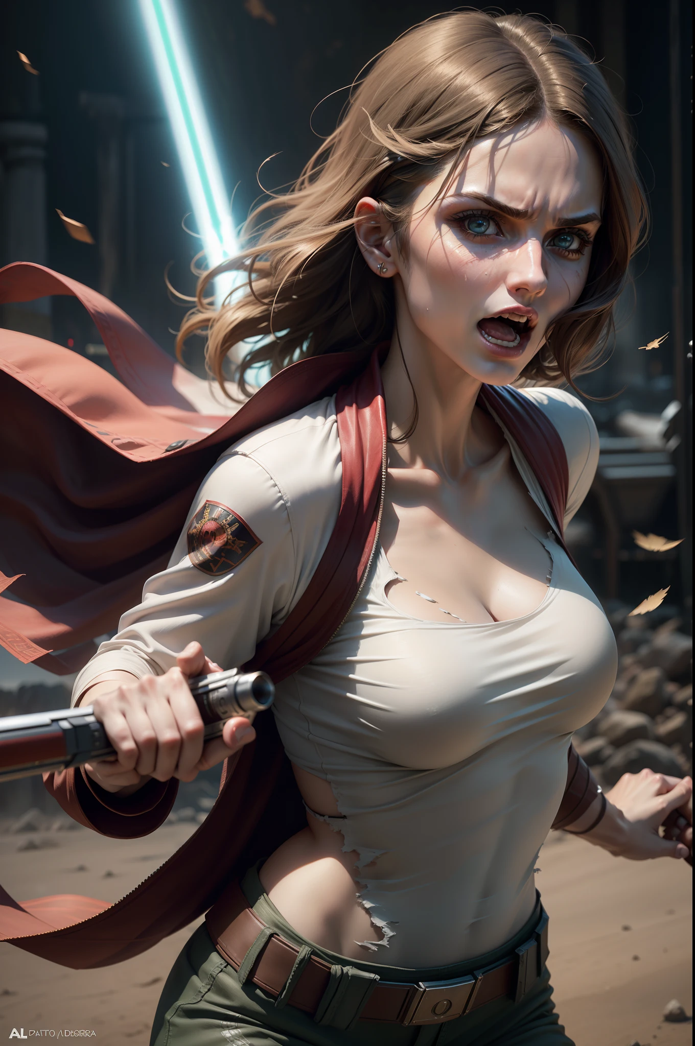 Alexandra Daddario as Jedi, (realistic photo), attractive woman, (beautiful face:1.1), detailed eyes, (winged eyeliner:0.85), torn Jedi cosplay, ,open mouth screming, fighting light saber, (open_shirt), DSLR photoshoot, realistic, jedi laser sword between round soft brests, masterpiece,best quality, Intricate, High Detail, dramatic