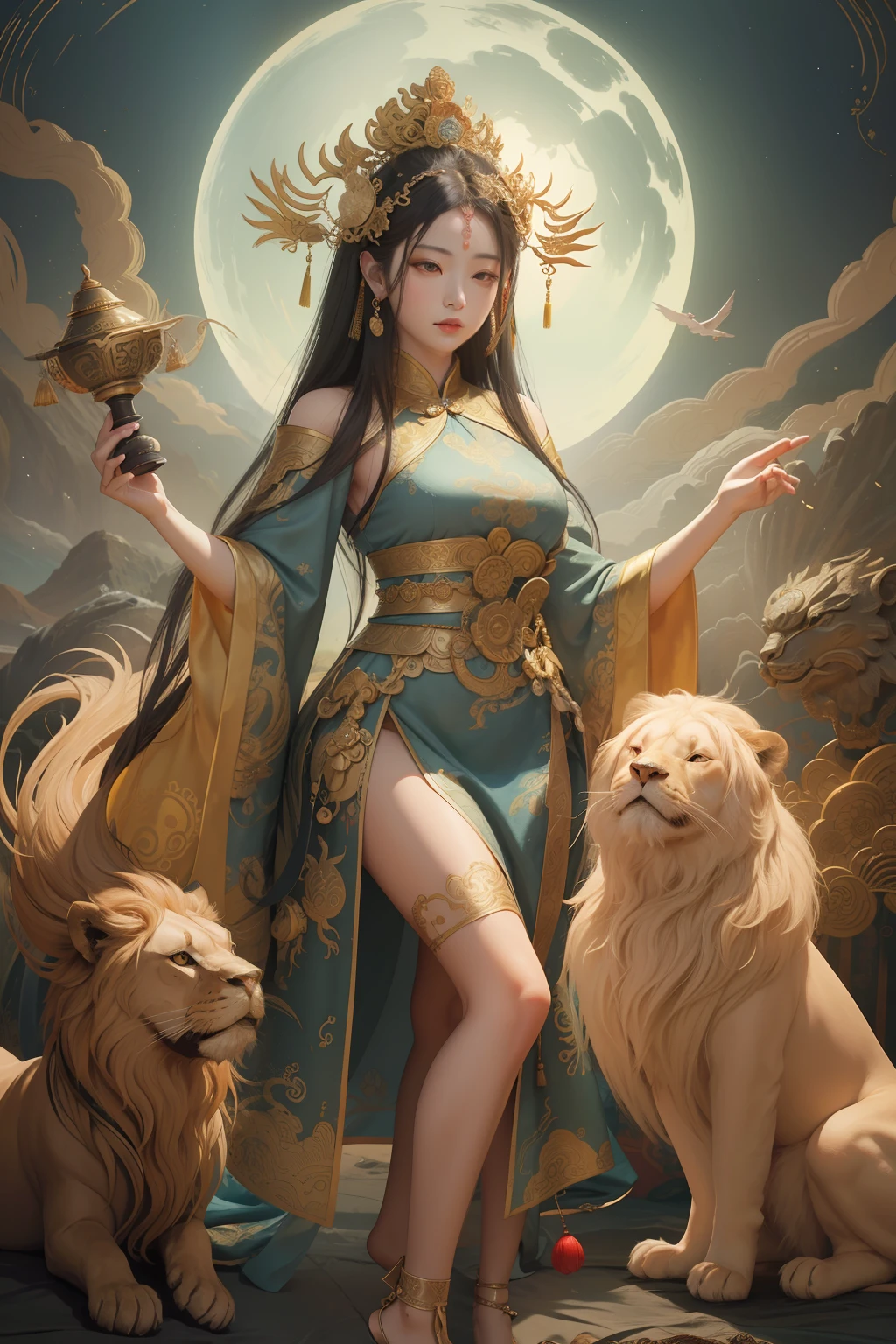 an ancient Chinese goddess, guanyin of the southern seas, Guanyin, Inspired by China, Avalokiteshvara rides a lion,,Serene expression,shui mo hua,Buddha,Buddhist,Lotus,Chinese painting style,Thangka style