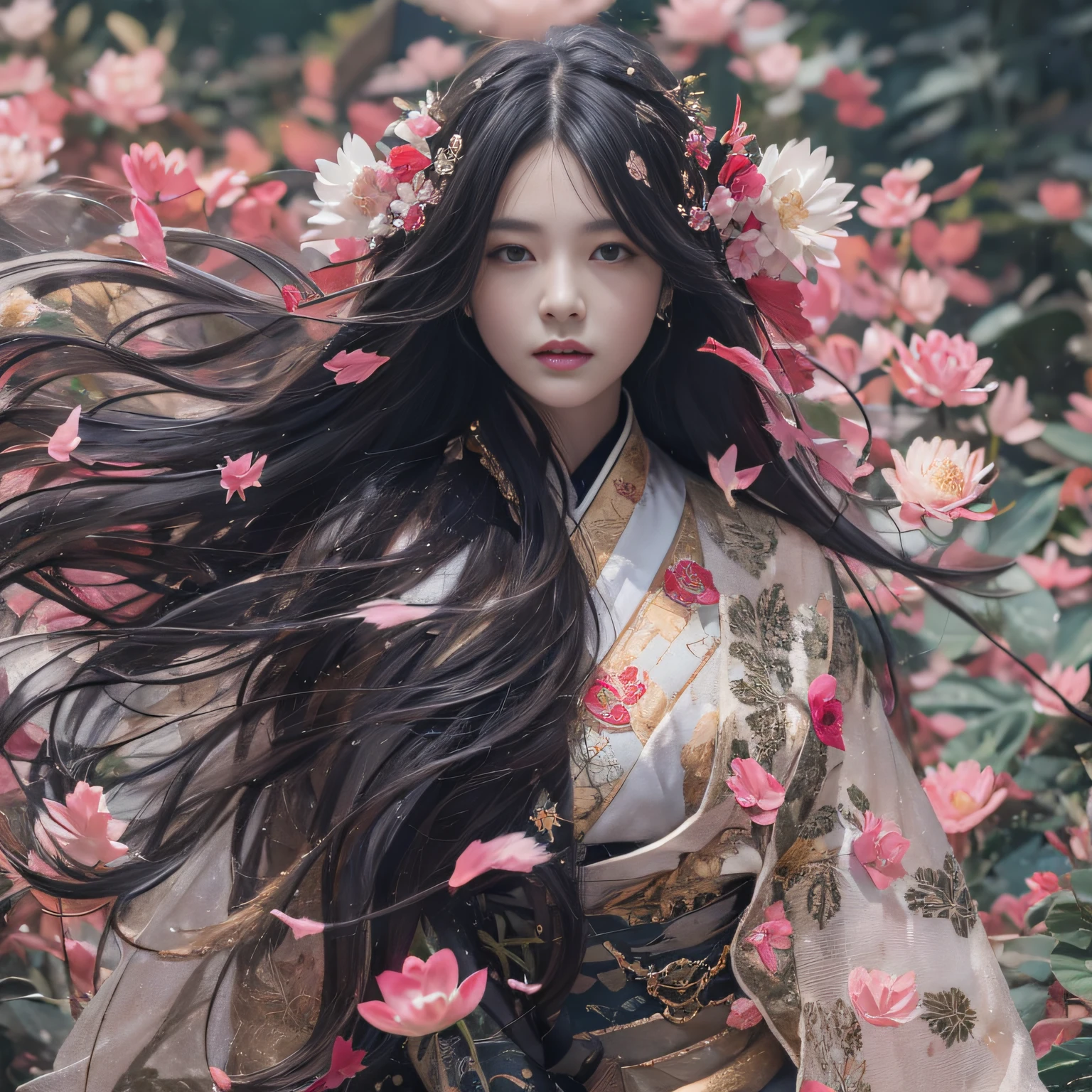 32K（tmasterpiece，k hd，hyper HD，32K）Long flowing black hair，ponds，zydink， a color，  Xuzhou people （Silly girl）， （Silk scarf）， Combat posture， looking at the ground， long whitr hair， Floating hair， Carp pattern headdress， Chinese long-sleeved clothing， （abstract ink splash：1.2）， Pink petal background，Pink and white lotus flowers fly（realisticlying：1.4），Black color hair，Fallen leaves flutter，The background is pure， A high resolution， the detail， RAW photogr， Sharp Re， Nikon D850 Film Stock Photo by Jefferies Lee 4 Kodak Portra 400 Camera F1.6 shots, Rich colors, ultra-realistic vivid textures, Dramatic lighting, Unreal Engine Art Station Trend, cinestir 800，Long flowing black hair
