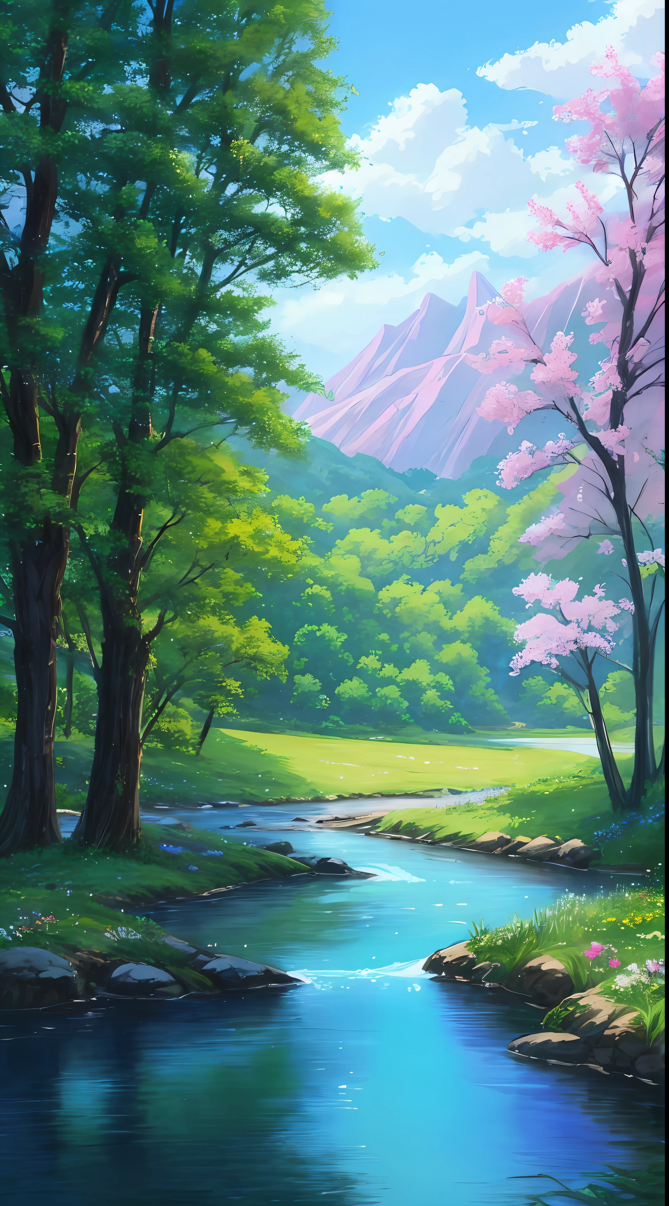 there is a painting of a river with flowers in the foreground, ross tran. scenic background, beautiful anime scenery, scenery artwork, anime landscape wallpaper, anime nature, anime landscape, 4k highly detailed digital art, anime countryside landscape, anime beautiful peace scene, beautiful art uhd 4 k, anime scenery, scenery art detailed, detailed scenery —width 672