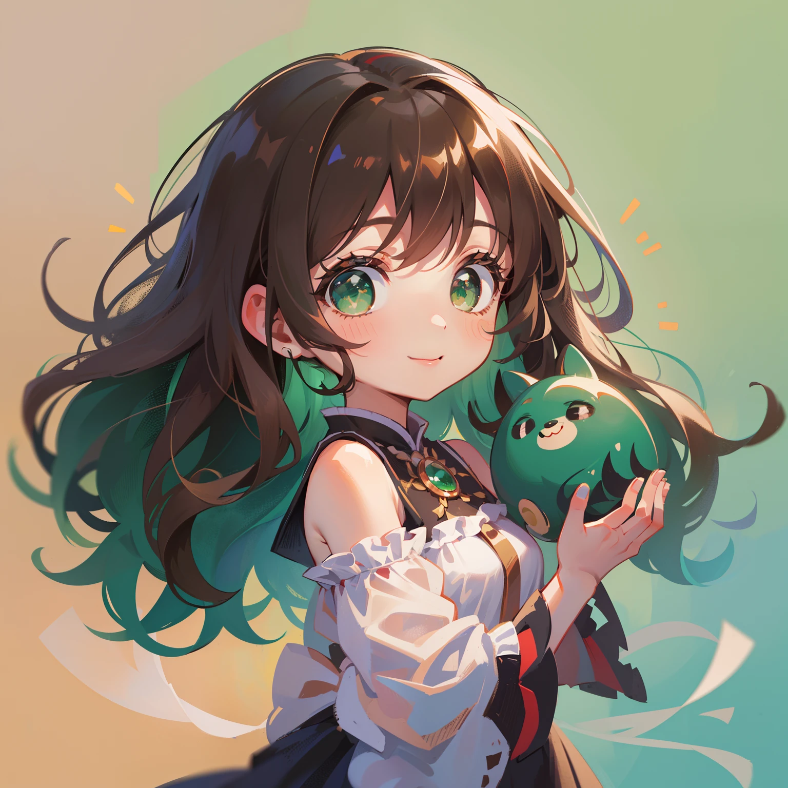 (masterpiece), (best quality), ultra high res, sharp focus, ((1 woman, solo)), upper body, photo profile shot, (chibi style:1.4), beautiful detailed hair, chestnut brown hair, long hair tumbles down, beautiful detailed face, ((beautiful shape eyes, green eyes)), perfect feminine face, smiles slightly at the viewer, feminine casual outfit, simple flat background