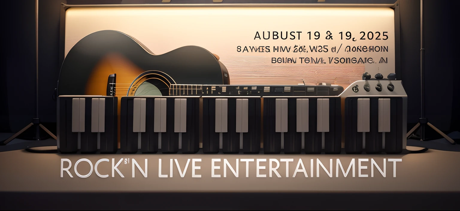 a close up of a guitar and keyboard with the words rock'n live entertainment, promotional artwork, on its own, live, in town, live in concert, live concert, 2 0 1 5 live music video, entertainment district, live performance, 1 9 th, upon a peak in darien, street life, night life, 3 pm, music festival, graphic”