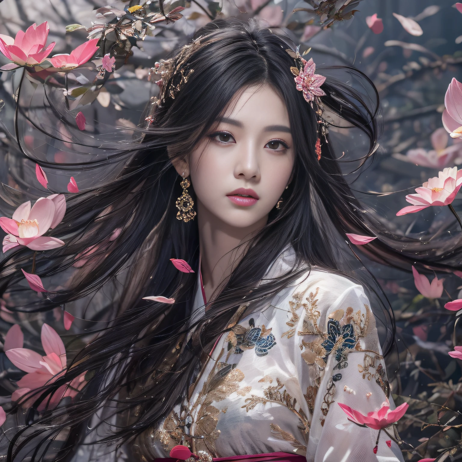 32K（tmasterpiece，k hd，hyper HD，32K）Long flowing black hair，ponds，zydink， a color，  Xuzhou people （Silly girl）， （Silk scarf）， Combat posture， looking at the ground， long whitr hair， Floating hair， Carp pattern headdress， Chinese long-sleeved clothing， （abstract ink splash：1.2）， Pink petal background，Pink and white lotus flowers fly（realisticlying：1.4），Black color hair，Fallen leaves flutter，The background is pure， A high resolution， the detail， RAW photogr， Sharp Re， Nikon D850 Film Stock Photo by Jefferies Lee 4 Kodak Portra 400 Camera F1.6 shots, Rich colors, ultra-realistic vivid textures, Dramatic lighting, Unreal Engine Art Station Trend, cinestir 800，Long flowing black hair