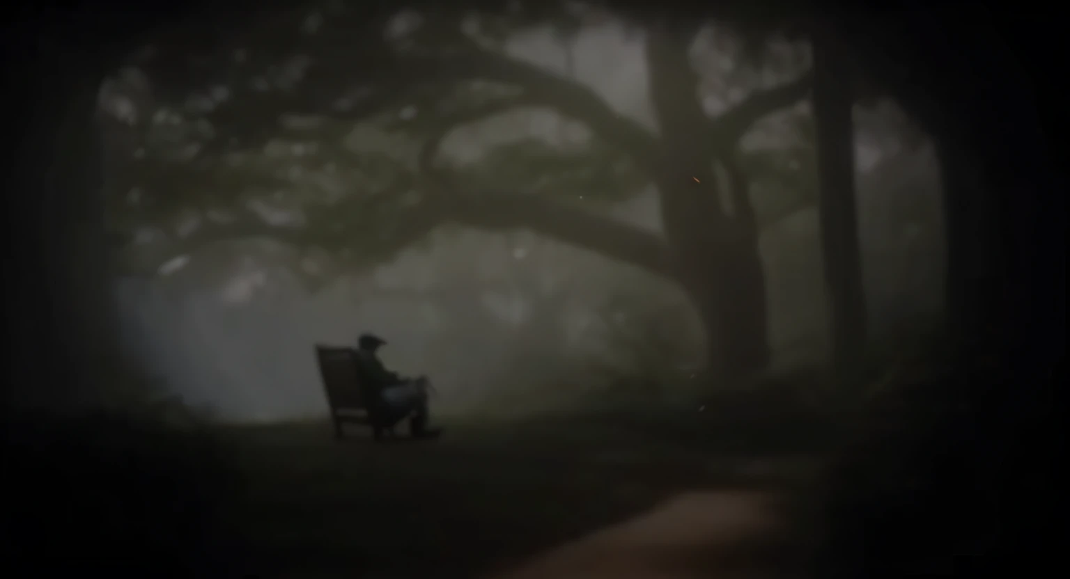 There's a man sitting in a rocking chair on his back under a beautiful, big dark tree, Netflix assustadora, quadro de filme escuro e misterioso, atmosfera estranha, Ambiente de floresta, eerie looking, humor estranho, 8k, alta qualidade.