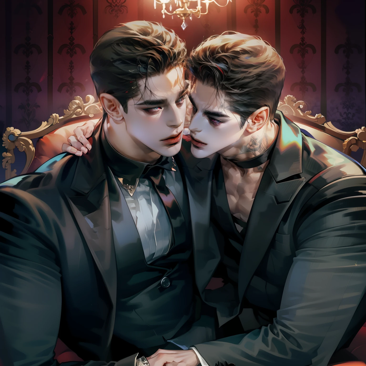 Mafia Noir Casino Gambling Bar Vampire dominant alpha gay couple macho sexy handsome demon adult men with tattoos big chest big abs slicked back hairstyle smoking red eyes charisma goth ((perfect face structure)) detailed stylized ((handsome male couple)) ((men kissing)) ((perfect eyes))